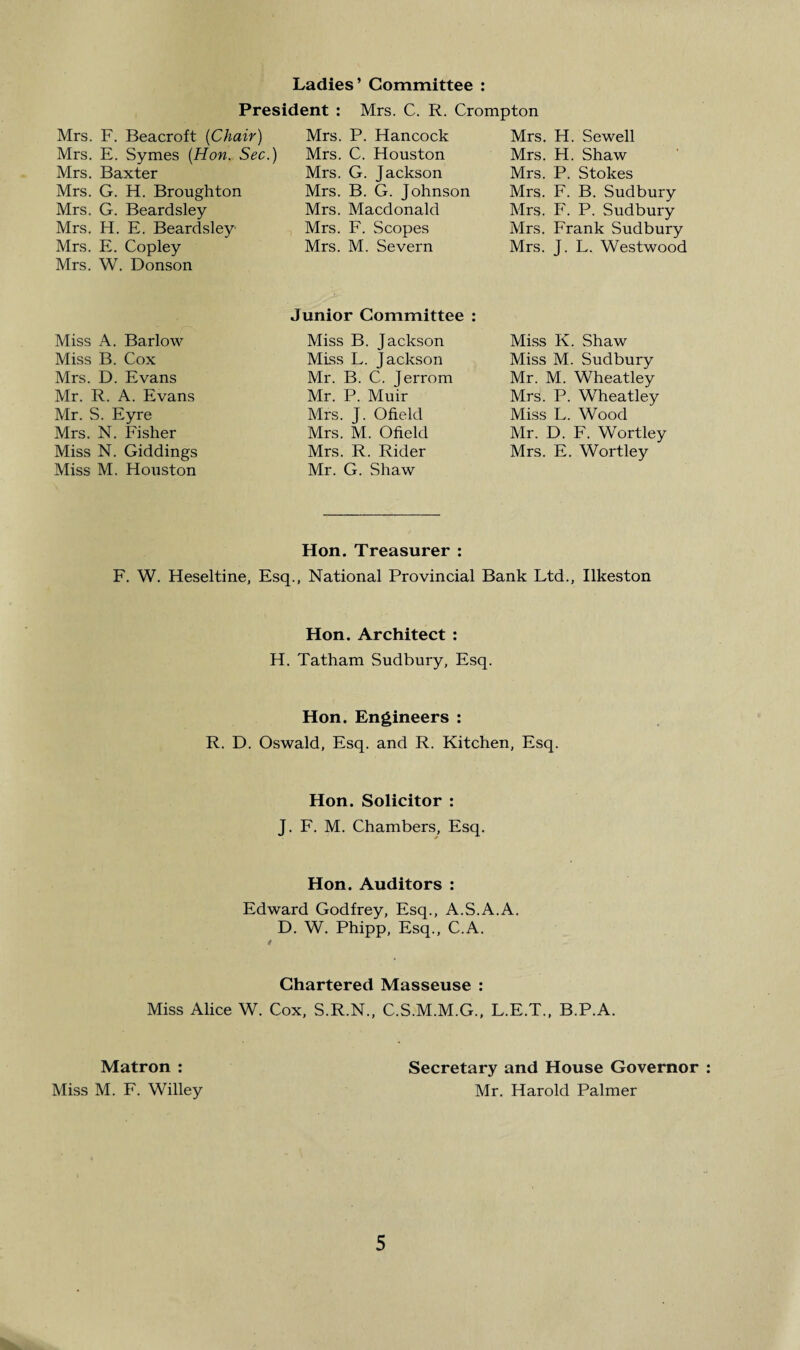 Ladies’ Committee : President : Mrs. C. R. Crompton Mrs. F. Beacroft {Chair) Mrs. E. Symes {Hon. Sec.) Mrs. Baxter Mrs. G. H. Broughton Mrs. G. Beardsley Mrs. H. E. Beardsley Mrs. E. Copley Mrs. W. Donson Mrs. P. Hancock Mrs. C. Houston Mrs. G. Jackson Mrs. B. G. Johnson Mrs. Macdonald Mrs. F. Scopes Mrs. M. Severn Mrs. H. Sewell Mrs. H. Shaw Mrs. P. Stokes Mrs. F. B. Sudbury Mrs. F. P. Sudbury Mrs. Frank Sudbury Mrs. J. L. Westwood Miss A. Barlow Miss B. Cox Mrs. D. Evans Mr. R. A. Evans Mr. S. Eyre Mrs. N. Fisher Miss N. Giddings Miss M. Houston Junior Committee : Miss B. Jackson MLss L. Jackson Mr. B. C. Jerrom Mr. P. Muir Mrs. J. Ofield Mrs. M. Ofield Mrs. R. Rider Mr. G. Shaw Miss K. Shaw Miss M. Sudbury Mr. M. Wheatley Mrs. P. Wheatley Miss L. Wood Mr. D. F. Wortley Mrs. E. Wortley Hon. Treasurer : F. W. Heseltine, Esq., National Provincial Bank Ltd., Ilkeston Hon. Architect : H. Tatham Sudbury, Esq. Hon. Engineers : R. D. Oswald, Esq. and R. Kitchen, Esq. Hon. Solicitor : J. F. M. Chambers, Esq. Hon. Auditors : Edward Godfrey, Esq., A.S.A.A. D. W. Phipp, Esq., C.A. t Chartered Masseuse : Miss Alice W. Cox, S.R.N., C.S.M.M.G., L.E.T., B.P.A. Matron : Miss M. F. Willey Secretary and House Governor Mr. Harold Palmer