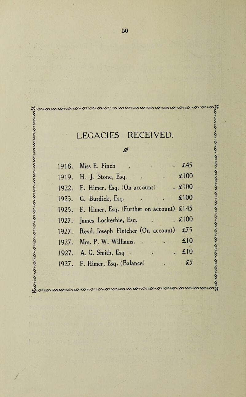 too too too too too too too too too too too (Oo too ^ <Oo tOo too too too too too too too too rC too too too too too too tOo too too tOo -oo too (Oo tOo too too too too too too tOo tOo too tOo.-* § LEGACIES RECEIVED. 0 1918. Miss E. Finch £45 1919. H. J. Stone, Esq. £100 1922. F. Himer, Esq. (On account) £100 1923. G. Burdick, Esq. £100 1925. F. Himer, Esq. (Further on account) £145 1927. James Lockerbie, Esq. £100 1927. Revd, Joseph Fletcher (On account) £75 1927. Mrs. P. W. Williams. . £10 $ 1927. A. G. Smith, Esq . £10 1927. F. Himer, Esq. (Balance) £5 ^ too too too too tOo too too too too too too too too too too too too too too too too tOo too too tOo too tOo tOo tOo too tOo too (Oo too (Oo tOo tOo tOo too tOo tOo too tOo too too tOo too