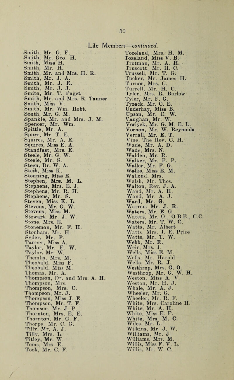 Life Members—continued. Smith, Mr. G. F. Smith, Mr. Geo. H. Smith, Miss H. Smith, Mr. H. Smith, Mr. and Mrs. H. R. Smith, Mr. J. A. Smith, Mr. J. E. Smith, Mr. J. J. Smith, Mr. T. Paget Smith, Mr. and Mrs. R. Tanner Smith, Miss V. Smith, Mr. Wm. Robt. South, Mr. G. M. Spankie, Mr. and Mrs. J. M. Spencer, Mr. Wm. Spittle, Mr. A. Spuirr, Mr. T. E. Squires, Mr. A. E. Squires, Miss E. A. Standfast, Mrs. E. Steele, Mr. G. W. Steele, Mr. S. Steen, Dr. W. A. Steib, Miss K. Stennjing, Miss E. Stephen, Mrs. M. L. Stephens, Mrs. E. J. Stephens, Mr. R. H. Stephens, Mr. S. Steven, Miss K. L. Stevens, Mr. G. W. Stevens, Miss M. Stewart, Mr. J. W. Stone, Mrs. E. Stoneman, Mr. F. H. Stonham, Mr. H. iSvder, Mr. P. Tanner, Miss A. Taylor, Mr. F. W. Taylor, Mr. W. Themlis, Mrs. M. Theobald, Miss F. Theobald, Miss M. Thomas, Mr. A. Thompson, Dr. and Mrs. A. H. Thompson, Mrs. Thompson, Mrs. C. Thompson, Mr. J. Thompson, Miss .T. E. Thompson, Mr. T. F. Thomson, Mr. J P. Thornton, Mrs. E. E. Thornton. Mr. G. F. Thorpe. Mr. 0. G. Tillv, Mr. A. J. Tillv, Mrs. L. Titlev, Mr. W. Toms, Mrs. E. Took, Mr. C. F. Tozeland, Mrs. H. M. Tozeland, Miss V. B. Trotman, Mr. A. H. Truscott, Mr. H. C. Trussed, Mr. T. G. Tucker, Mr. James H. Turner, Mrs. C. Turrell, Mr. H. 0. Tyler, Mrs. R. Barlow Tyler, Mr. F. G. Tyaack, Mr. C. E. Underhay, Miss B. Upson, Mr. C. W. Vaughan, Mr. W. Vetrlyck, Mr. G. M. E. L. Vernon, Mr. W. Reynolds Verrall, Mr. E. T. Vine, The Rev. C. H. Wade, Mr. A. D. Wade, Mrs. N. Walden, Mr. R. Walker, Mr. F. P. Waller, Mr. F. G. Wallis, Miss E. M. Wallond, Mrs. Walsh, Mr. Thos. Walton, Rev. J. A. Wand, Mr. A. H. Wand, Mr. A. J. Ward, Mr. G. Warren, Mr. J. R. Waters, Mr. E. G. Waters, Mr. 0., O.B.E., C.C Waters, Mr. T. W. C. Watts, Mr. Albert Watts. Mrs. J. E. Price Watts, Mr. T. W. Webb, Mr. R. Weir, Mrs. J. Wells, Miss E. M. Wells, Mr. Harold Wells, Mr. R. J. Westhrop, Mrs. G. 0. Westhrop, Mr. G. W. H. Weston, Miss A. V. Weston, Mr. FI. J. Whale, Mr. A. J. Wheeler, Mr. G. Wheeler, Mr. R. F. White, Mrs. Caroline H. White, Mr. A. H. White, Miss E. F. White, Mrs. M. C. Wiles, Mr. L. Wilkins, Mr. J. W. Williams, Mr. J. Williams, Mrs. M. Willis, Miss F. V. L. Willis, Mr. W. C.