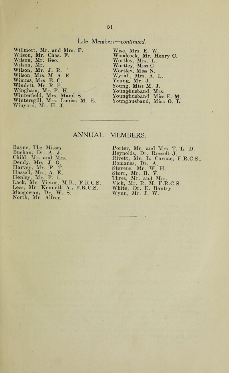 Life Members—continued. Willmott, Mr. and Mrs. F. Wilson, Mr. Chas. F. Wilson, Mr. Geo. Wilson, Mr. Wilson, Mr. J. R. Wilson. Mrs. M. A. E. Wimms, Mrs. E. C. Windett, Mr. R. F. Wingham, Mr. P. H. Winterfield, Mrs. Maud S. Wintersgill, Mrs. Louisa M E. Winyard, Mr. H. J. ANNUAL Bayne, The Misses Buchan, Dr. A. J. Child, Mr. and Mrs. Dendy, Mrs. J. G. Harvey, Mr. P. T. Hassell, Mrs. A. E. Henley, Mr. F. L. Lack, Mr. Victor, M.B., F.R.C.S. Lees, Mr. Kenneth A., F.R.C.S. North, Mr. Alfred Wise, Mrs. E. W. Woodcock, Mr. Henry C. Wortley, Mrs. L. Wortley, Miss G. Wortley, Miss N. Wyrall, Mrs. A. L. Young, Mr. J. Young, Miss M. J. Younghusband, Mrs. Young-husband, Miss E. M. Younghusband, Miss O. L. MEMBERS. Porter, Mr. and Mrs. T. L. D. Reynolds, Dr. Russell J. Rivett, Mr. L. Carnac, F.R.C.S Romanes, Dr. A. Stevens, Mr. W. H. Storr, Mr. B. V. Thres, Mr. and Mrs. Vick, Mr. R. M. F.R.C.S. White, Dr. E. Bantry