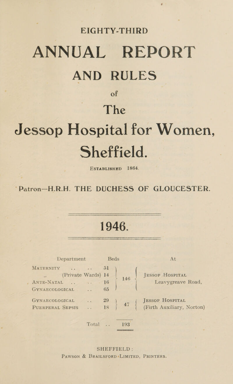 ANNUAL REPORT AND RULES % of The Jessop Hospital for Women Sheffield. Established 1864. ' Patron—H.R.H. THE DUCHESS OF GLOUCESTER. 1946. Department Beds Maternity . . . . 51 ,, (Private Wards) 14 Ante-Natal . . . . 16 Gynaecological .. 65 Gynaecological . . 29 Puerperal Sepsis . . 18 Total . . 193 At Jessop Hospital Leavygreave Road, Jessop Hospital (Firth Auxiliary, Norton) SHEFFIELD : Pawson & Brailsford Limited, Printers.