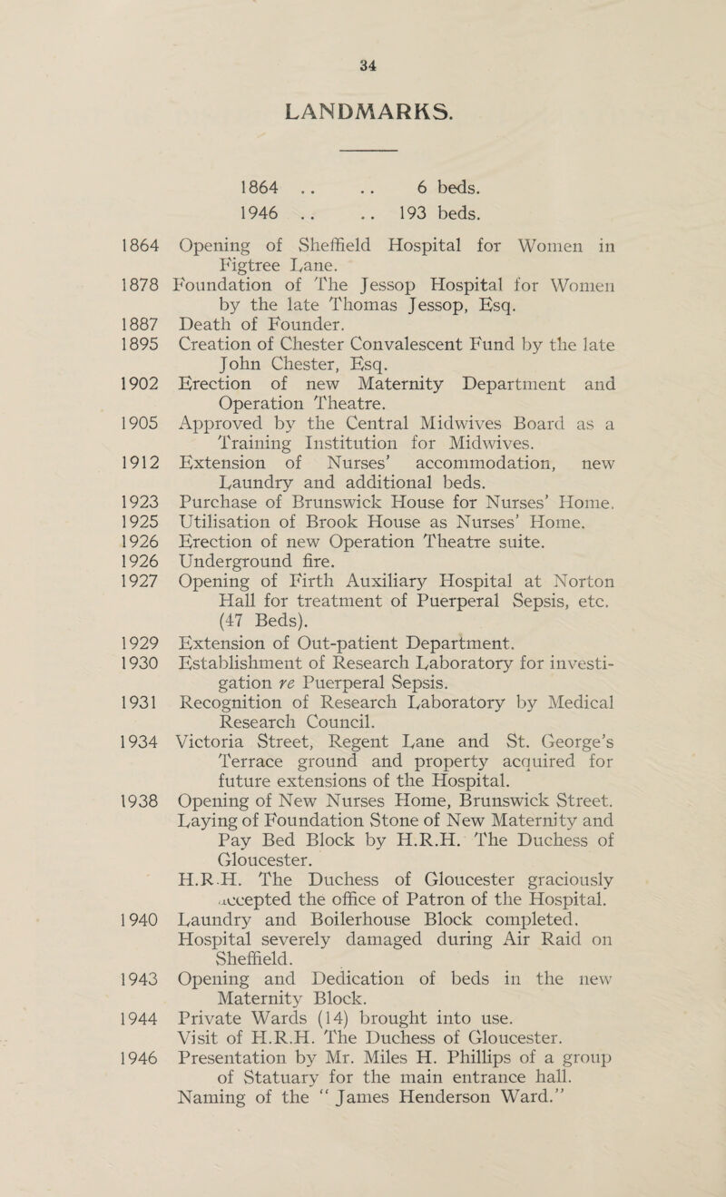 LANDMARKS. 1864 .. .. 6 beds. 1946 .. .. 193 beds. 1864 Opening of Sheffield Hospital for Women in Figtree Lane. 1878 Foundation of The Jessop Hospital for Women by the late Thomas Jessop, Esq. 1887 Death of Founder. 1895 Creation of Chester Convalescent Fund by the late John Chester, Esq. 1902 Erection of new Maternity Department and Operation Theatre. 1905 Approved by the Central Midwives Board as a Training Institution for Midwives. 1912 Extension of Nurses’ accommodation, new Laundry and additional beds. 1923 Purchase of Brunswick House for Nurses’ Home, 1925 Utilisation of Brook House as Nurses’ Home. 1926 Erection of new Operation Theatre suite. 1926 Underground fire. 1927 Opening of Firth Auxiliaty Hospital at Norton Hall for treatment of Puerperal Sepsis, etc. (47 Beds). 1929 Extension of Out-patient Department. 1930 Establishment of Research Laboratory for investi¬ gation re Puerperal Sepsis. 1931 Recognition of Research Laboratory by Medical Research Council. 1934 Victoria Street, Regent Lane and St. George’s Terrace ground and property acquired for future extensions of the Hospital. 1938 Opening of New Nurses Home, Brunswick Street. Laying of Foundation Stone of New Maternity and Pay Bed Block by H.R.H. The Duchess of Gloucester. H.R.H. The Duchess of Gloucester graciously accepted the office of Patron of the Hospital. 1940 Laundry and Boilerhouse Block completed. Hospital severely damaged during Air Raid on Sheffield. 1943 Opening and Dedication of beds in the new Maternity Block. 1944 Private Wards (14) brought into use. Visit of H.R.H. The Duchess of Gloucester. 1946 Presentation by Mr. Miles H. Phillips of a group of Statuary for the main entrance hall. Naming of the “ James Henderson Ward.”