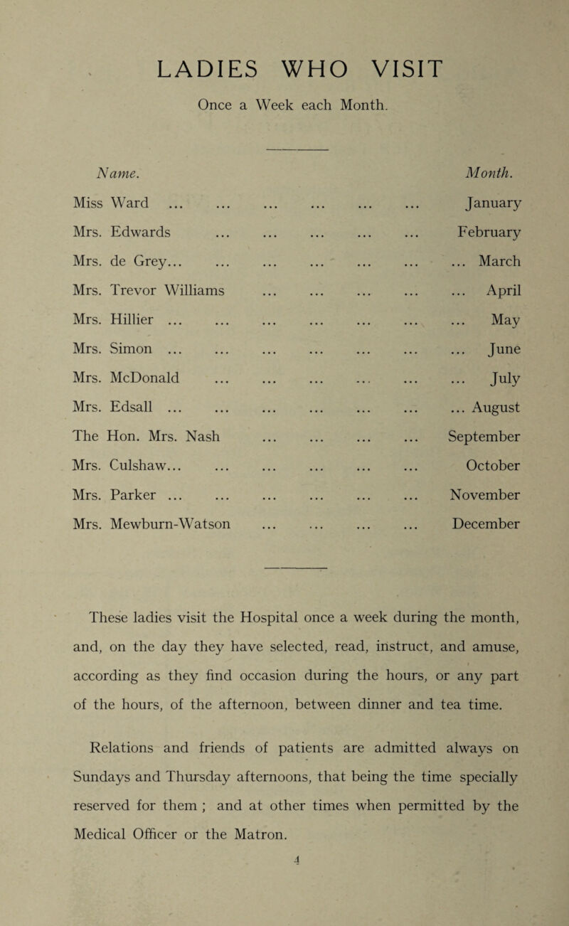 LADIES WHO VISIT Once a Week each Month. Name. Miss Ward Mrs. Edwards Mrs. de Grey... Mrs. Trevor Williams Mrs. Hillier ... Mrs. Simon ... Mrs. McDonald Mrs. Edsall ... The Hon. Mrs. Nash Mrs. Culshaw... Mrs. Parker ... Mrs. Mewburn-Watson Month. January February ... March April May June July ... August September October November December These ladies visit the Hospital once a week during the month, and, on the day they have selected, read, instruct, and amuse, i according as they find occasion during the hours, or any part of the hours, of the afternoon, between dinner and tea time. Relations and friends of patients are admitted always on Sundays and Thursday afternoons, that being the time specially reserved for them ; and at other times when permitted by the Medical Officer or the Matron.