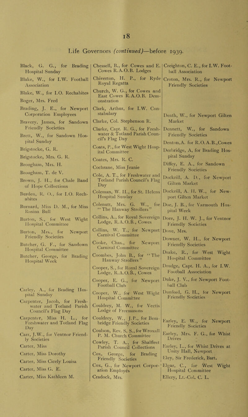 Life Governors (continued)—before 1939. Black, G. G., for Brading Hospital Sunday Blake, W., for I.W. Football Association Blake, W., for I.O. Rechabites Boger, Mrs. Fred Brading, J. E., for Newport Corporation Employees Bravery, James, for Sandown Friendly Societies Brett, W., for Sandown Hos¬ pital Sunday Brigstocke, G. R. Brigstocke, Mrs. G. R. Brougham, Mrs. H. Brougham, T. de V. Brown, J. H., for Chale Band of Hope Collections Burden, R. O., for I.O. Recli- abites Burnard, Miss D. M., for Miss Rosina Bull Burton, S., for West Wight Hospital Committee Burton, Mrs., for Newport Friendly Societies Butcher, G. F., for Sandown Hospital Committee Butcher, George, for Brading Hospital Week Carlev, A., for Brading Hos¬ pital Sunday Carpenter, Jacob, for Fresh¬ water and Totland Parish Council’s Flag Day Carpenter, Miss H. L., for Freshwater and Totland Flag Day Carr, J.W., for Ventnor Friend¬ ly Societies Carter, Miss Carter, Miss Dorothy Carter, Miss Cicely Louisa Carter, Miss G. E. Carter, Miss Kathleen M. Chessell, B., for Cowes and E. Cowes R. A.O. B. Lodges Chiverton, H. P., for Ryde Royal Regatta Church, W. G., for Cowes and East Cowes R.A.O.B. Dem¬ onstration Clark, Arthur, for I.W. Con¬ stabulary Clarke, Col. Stephenson R. Clarke, Capt. R. G., for Fresh¬ water & Totland Parish Coun¬ cil’s Flag Day Coats, P., for West Wight Hosp¬ ital Committee Coates, Mrs. R. C. Cochrane, Missjeanie Cole, A. T., for Freshwater and Tolland Parish Council’s Flag Day Coleman, W. II., for St. Helens Hospital Sunday Colenutt, Mrs. G. W., for “ The Han way Strollers” Collins, A., for Royal Sovereign Lodge, R. A.O. B., Cowes Collins, W. T., for Newport Carnival Committee Cooke, Chas., for Newport Carnival Committee Coombes, John B., for “ The Hanway Strollers ” Cooper, S., for Royal Sovereign Lodge, R.A.O.B., Cowes Cooper, E. G., for Newport Football Club Cooper, W., for West Wight Hospital Committee Couldrey, M. W., for Vectis Lodge of Freemasons Couldrey, W., J.P., for Bem- bridge Friendly Societies Coulson, Rev. S. S., for Wroxall P. M. Church Committee Cowley, T. A., for ShalHeet Parish Council Collections Cox, George, for Brading Friendly Societies Cox, G., for Newport Corpor¬ ation Employes Cradock, Mrs. Creighton, C. E., for I.W. Foot¬ ball Association Croton, Mrs. R., for Newport Friendly Societies Death, W., for Newport Gilten Market Dennett, W., for Sandown Friendly Societies Denton,A. for R.O. A.B.,Cowes Derbridge, A, for Brading Hos¬ pital Sunday Dififey, E. A., for Sandown Friendly Societies Dockrill, A. I)., for Newport Gilten Market Dockrill, A. II. W., for New¬ port Gilten Market Doe, J. B., for Yarmouth Hos¬ pital Week Dore, J. H. W. ]., for Ventnor Friendly Societies Dove, Mrs. Downer, W. II., for Newport Friendly Societies Drake, R., for West Wight Hospital Committee Drudge, Capt. H. A., for I.W. Football Association Duke, J. V., for Newport Foot¬ ball Club Dunford, G. H., for Newport Friendly Societies Farley, E. W., for Newport Friendly Societies Earley, Mrs. F. G., for Whist Drives Earley, L., for Whist Drives at Unity Hall, Newport Eley, Sir Frederick, Bart. Elgar, C., for West Wight Hospital Committee Ellery, Lt.-Col. C. L.