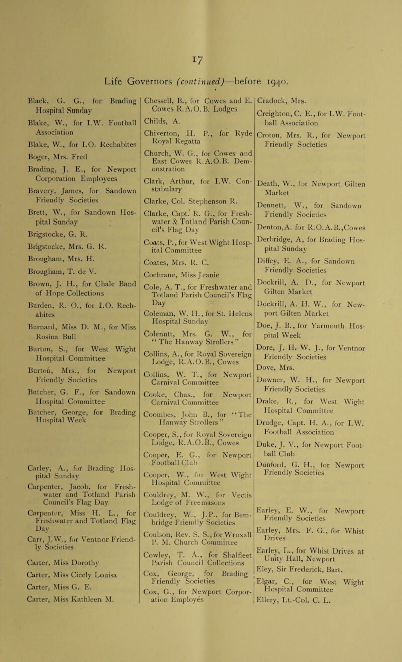 Life Governors (continued)—before 1940. Black, G. G., for Brading Hospital Sunday Blake, W., for I.W. Football Association Blake, W., for I.O. Reehabites Boger, Mrs. Fred Brading, J. E., for Newport Corporation Employees Bravery, James, for Sandown Friendly Societies Brett, W., for Sandown Hos¬ pital Sunday Brigstocke, G. R. Brigstocke, Mrs. G. R. Brougham, Mrs. H. Brougham, T. de V. Brown, J. H., for Chale Band of Hope Collections Burden, R. O., for I.O. Rech¬ abites Burnard, Miss D. M., for Miss Rosina Bull Burton, S., for West Wight Hospital Committee Burton, Mrs., for Newport Friendly Societies Butcher, G. F., for Sandown Hospital Committee Butcher, George, for Brading Hospital Week Carley, A., for Brading Hos¬ pital Sunday Carpenter, Jacob, for Fresh¬ water and Totland Parish Council’s Flag Day Carpenter, Miss H. L., for Freshwater and Totland Flag Day Carr, J.W., for Ventnor Friend¬ ly Societies J Carter, Miss Dorothy Carter, Miss Cicely Louisa Carter, Miss G. E. Carter, Miss Kathleen M. Chessell, B., for Cowes and E. Cowes R. A.O.B. Lodges Childs, A. Chiverton, H. P., for Ryde Royal Regatta Church, W. G., for Cowes and East Cowes R.A.O.B. Dem¬ onstration Clark, Arthur, for I.W. Con¬ stabulary Clarke, Col. Stephenson R. Clarke, Capt. R. G., for Fresh¬ water & Totland Parish Coun¬ cil’s Flag Day Coats, P., for West Wight Hosp¬ ital Committee Coates, Mrs. R. C. Cochrane, Miss jeanie Cole, A. T., for Freshwater and Totland Parish Council’s Flag Day Coleman, W. II., for St. Helens Hospital Sunday Colenutt, Mrs. G. W., for “ The Han way Strollers” Collins, A., for Royal Sovereign Lodge, R.A.O.B., Cowes Collins, W. T., for Newport Carnival Committee Cooke, Chas., for Newport Carnival Committee Coombes, John B., for “The Hanway Strollers ” Cooper, S., for Royal Sovereign Lodge, R.A.O.B., Cowes Cooper, E. G., for Newport Football Club Cooper, W., for West Wight Hospital Committee Could rev, M. W., for Vectis Lodge of Freemasons Couldrey, W., J.P., for Bern- bridge Friendly Societies Coulson, Rev. S. S., for Wroxall P. M. Church Committee Cowley, T. A., for Shalfleet Parish Council Collections Cox, George, for Brading Friendly Societies Cox, G., for Newport Corpor¬ ation Employes Cradock, Mrs. Creighton, C. E., for I.W. Foot¬ ball Association Croton, Mrs. R., for Newport Friendly Societies Death, W., for Newport Gilten Market Dennett, W., for Sandown Friendly Societies Denton,A. for R.O.A.B.,Cowes Derbridge, A, for Brading Hos¬ pital Sunday Diffey, E. A., for Sandown Friendly Societies Dockrill, A. D., for Newport Gilten Market Dockrill, A. H. W., for New¬ port Gilten Market Doe, J. B., for Yarmouth Hos¬ pital Week Dore, J. PI. W. J., for Ventnor Friendly Societies Dove, Mrs. Downer, W. IL, for Newport Friendly Societies Drake, IL, for West Wight Hospital Committee Drudge, Capt. H. A., for I.W. Football Association Duke, J. V., for Newport Foot¬ ball Club Dunford, G. H., for Newport Friendly Societies Earley, E. W., for Newport Friendly Societies Earley, Mrs. F. G., for Whist Drives Elarley, L., for Whist Drives at Unity Hall, Newport Eley, Sir Frederick, Bart. Elgar, C., for West Wight Hospital Committee Ellery, Lt.-Col. C. L.