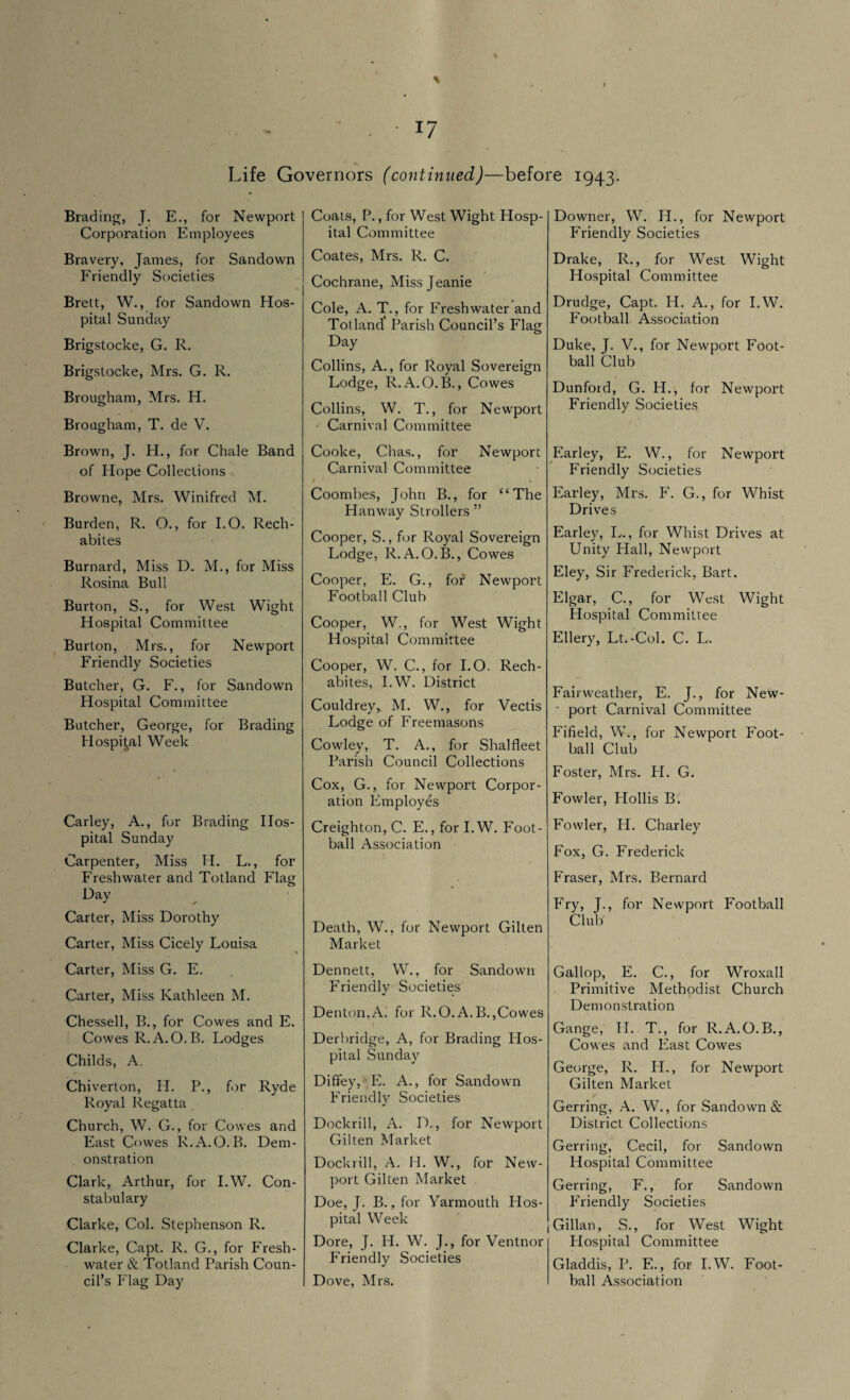 Life Governors (continued)—before 1943. Brading, J. E., for Newport Corporation Employees Bravery, James, for Sandown Friendly Societies Brett, W., for Sandown Hos¬ pital Sunday Brigstocke, G. R. Brigstocke, Mrs. G. R. Brougham, Mrs. H. Brougham, T. de V. Brown, J. H., for Chale Band of Hope Collections Browne, Mrs. Winifred M. Burden, R. O., for I.O. Rech- abites Burnard, Miss D. M., for Miss Rosina Bull Burton, S., for West Wight Hospital Committee Burton, Mrs., for Newport Friendly Societies Butcher, G. F., for Sandown Hospital Committee Butcher, George, for Brading Hospital Week Carley, A., for Brading Hos¬ pital Sunday Carpenter, Miss H. L., for Freshwater and Totland Flag Day Carter, Miss Dorothy Carter, Miss Cicely Louisa Carter, Miss G. E. Carter, Miss Kathleen M. Chessell, B., for Cowes and E. Cowes R.A.O.B. Lodges Childs, A. Chiverton, H. P., for Ryde Royal Regatta Church, W. G., for Cowes and East Cowes R.A.O.B. Dem¬ onstration Clark, Arthur, for I.W. Con¬ stabulary Clarke, Col. Stephenson R. Clarke, Capt. R. G., for Fresh¬ water & Totland Parish Coun¬ cil’s Flag Day Coats, P., for West Wight Hosp¬ ital Committee Coates, Mrs. R. C. Cochrane, Missjeanie Cole, A. T., for Freshwater and Totland Parish Council’s Flag Day Collins, A., for Royal Sovereign Lodge, R.A.O.B., Cowes Collins, W. T., for Newport Carnival Committee Cooke, Chas., for Newport Carnival Committee Coombes, John B., for “The Hanway Strollers ” Cooper, S., for Royal Sovereign Lodge, R.A.O.B., Cowes Cooper, E. G., for Newport Football Club Cooper, W., for West Wight Hospital Committee Cooper, W. C., for I.O. Rech- abites, I.W. District Couldrey,. M. W., for Vectis Lodge of Freemasons Cowley, T. A., for Shalfleet Parish Council Collections Cox, G., for Newport Corpor¬ ation Employes Creighton, C. E., for I.W. Foot¬ ball Association Death, W., for Newport Gilten Market Dennett, W., for Sandown Friendly Societies Denton,A. for R.O.A.B.,Cowes Derbridge, A, for Brading Hos¬ pital Sunday Diffey, E. A., for Sandown Friendly Societies Dockrill, A. D., for Newport Gilten Market Dockrill, A. H. W., for New¬ port Gilten Market Doe, J. B., for Yarmouth Hos¬ pital Week Dore, J. H. W. J., for Ventnor Friendly Societies Dove, Mrs. Downer, W. II., for Newport Friendly Societies Drake, R., for West Wight Hospital Committee Drudge, Capt. H. A., for I.W. Football Association Duke, J. V., for Newport Foot¬ ball Club Dunford, G. H., for Newport Friendly Societies Earley, E. W., for Newport Friendly Societies Earley, Mrs. P'. G., for Whist Drives Earley, L., for Whist Drives at Unity Hall, Newport Eley, Sir Frederick, Bart. Elgar, C., for West Wight Hospital Committee Ellery, Lt.-Col. C. L. Fairweather, E. J., for New- • port Carnival Committee Fifield, W., for Newport Foot¬ ball Club Foster, Mrs. H. G. Fowler, Hollis B. Fowler, H. Charley Fox, G. Frederick Fraser, Mrs. Bernard Fry, J., for Newport Football Clu b Gallop, E. C., for Wroxall Primitive Methodist Church Demonstration Gange, II. T., for R.A.O.B., Cowes and East Cowes George, R. IT, for Newport Gilten Market Gerring, A. W., for Sandown & District Collections Gerring, Cecil, for Sandown Hospital Committee Gerring, F., for Sandown Friendly Societies Gillan, S., for West Wight Plospital Committee Gladdis, P. E., for I.W. Foot¬ ball Association