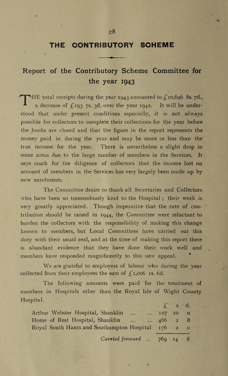 THE CONTRIBUTORY SCHEME Report of the Contributory Scheme Committee for the year 1943 HE total receipts during the year 1943 amounted to ^10,696 8s. 7d., x a decrease of £193 7s. 3d. over the year 1942. It will be under¬ stood that under present conditions especially, it is not always possible for collectors to complete their collections for the year before the books are closed and that the figure in the report represents the money paid in during the year and may be more or less than the true income for the year. There is nevertheless a slight drop in some areas due to the large number of members in the Services. It says much for the diligence of collectors that the income lost on account of members in the Services has very largely been made up by new enrolments. The Committee desire to thank all Secretaries and Collectors who have been so tremendously kind to the Hospital ; their work is very greatly appreciated. Though imperative that the rate of con¬ tribution should be raised in 1944, the Committee were reluctant to burden the collectors with the responsibility of making this change known to members, but Local Committees have carried out this duty with their usual zeal, and at the time of making this report there is abundant evidence that th-ey have done their work well and members have responded magnificently to this new appeal. We are grateful to employers of labour who during the year collected from their employees the sum of ^1,006 is. 6d. The following amounts were paid for the treatment of members in Hospitals other than the Royal Isle of Wight County Hospital. £ s d. Arthur Webster Hospital, Shanklin ... ... 127 10 o Home of Rest Hospital, Shanklin ... ... 466 2 8 Royal South Hants and Southampton Hospital 176 2 o Carried forward .. 769 14 8
