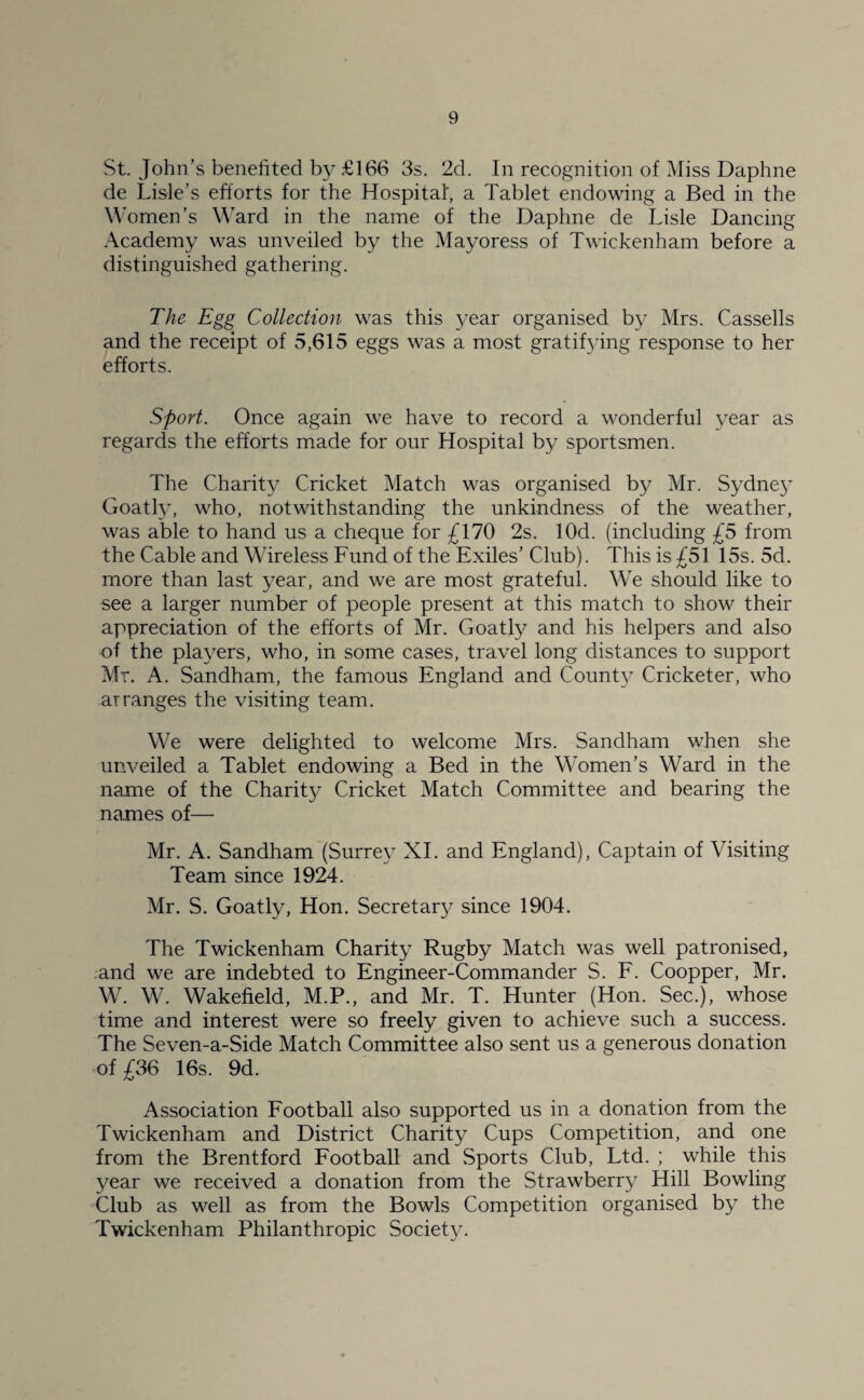 St. John’s benefited by £166 3s. 2d. In recognition of Miss Daphne de Lisle’s efforts for the Hospital, a Tablet endowing a Bed in the \\ ’omen’s Ward in the name of the Daphne de Lisle Dancing Academy was unveiled by the Mayoress of Twickenham before a distinguished gathering. The Egg Collection was this year organised by Mrs. Cassells and the receipt of 5,615 eggs was a most gratifying response to her efforts. Sport. Once again we have to record a wonderful year as regards the efforts made for our Hospital by sportsmen. The Charity Cricket Match was organised by Mr. Sydney Goatly, who, notwithstanding the unkindness of the weather, was able to hand us a cheque for £170 2s. lOd. (including £5 from the Cable and Wireless Fund of the Exiles’ Club). This is £51 15s. 5d. more than last year, and we are most grateful. We should like to see a larger number of people present at this match to show their appreciation of the efforts of Mr. Goatly and his helpers and also of the players, who, in some cases, travel long distances to support Mr. A. Sandham, the famous England and County Cricketer, who arranges the visiting team. We were delighted to welcome Mrs. Sandham when she unveiled a Tablet endowing a Bed in the Women’s Ward in the name of the Charity Cricket Match Committee and bearing the names of— Mr. A. Sandham (Surrey XI. and England), Captain of Visiting Team since 1924. Mr. S. Goatly, Hon. Secretary since 1904. The Twickenham Charity Rugby Match was well patronised, and we are indebted to Engineer-Commander S. F. Coopper, Mr. W. W. Wakefield, M.P., and Mr. T. Hunter (Hon. See.), whose time and interest were so freely given to achieve such a success. The Seven-a-Side Match Committee also sent us a generous donation of £36 16s. 9d. Association Football also supported us in a donation from the Twickenham and District Charity Cups Competition, and one from the Brentford Football and .Sports Club, Ltd. ; while this year we received a donation from the Strawbeny Hill Bowling Club as well as from the Bowls Competition organised by the Twickenham Philanthropic Society.