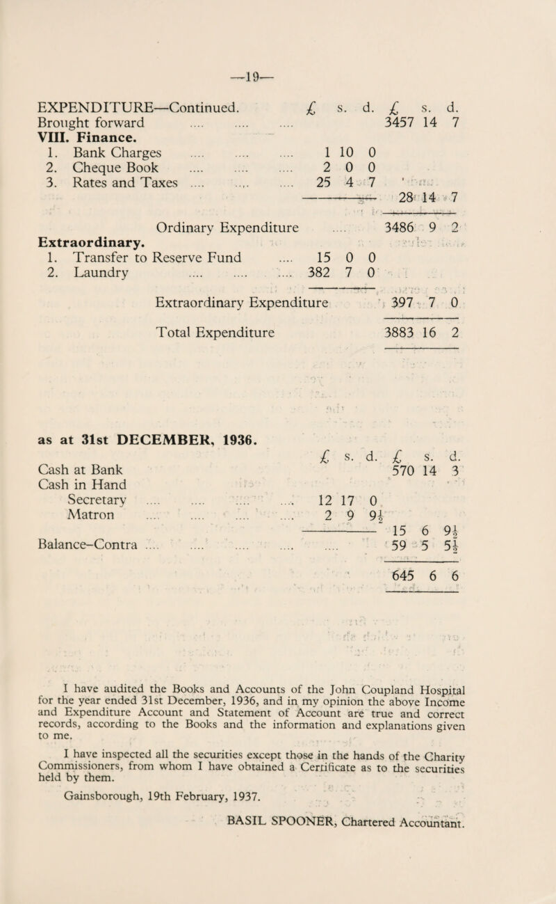 EXPENDITURE—Continued. £ s. d. £ s. d. Brought forward . VIII. Finance. 3457 14 7 1. Bank Charges .... . 1 10 0 2. Cheque Book . 2 0 0 3. Rates and Taxes .... .. 25 4 7 '•fi”! 28 14 v, 7 i: - —^—;-— Ordinary Expenditure .... 3486 9 2 Extraordinary. I 1. Transfer to Reserve Fund .... 15 0 0 2. Laundry .... .... .... 382 7 0 - ora ' ; Extraordinary Expenditure ' 397 7 0 Total Expenditure 3883 16 2 as at 31st DECEMBER, 1936. Cash at Bank Cash in Hand Secretary .... .... ...; Matron .... .... * .... Balance-Contra .... £ s. d. £ s. d. 570 14 3 12 17 0 2 9 n - 15 6 91 59 5 5 b 645 6 6 I have audited the Books and Accounts of the John Coupland Hospital for the year ended 31st December, 1936, and in my opinion the above Income and Expenditure Account and Statement of Account are true and correct records, according to the Books and the information and explanations given to me. I have inspected all the securities except those in the hands of the Charity Commissioners, from whom I have obtained a Certificate as to the securities held by them. Gainsborough, 19th February, 1937. BASIL SPOONER, Chartered Accountant.