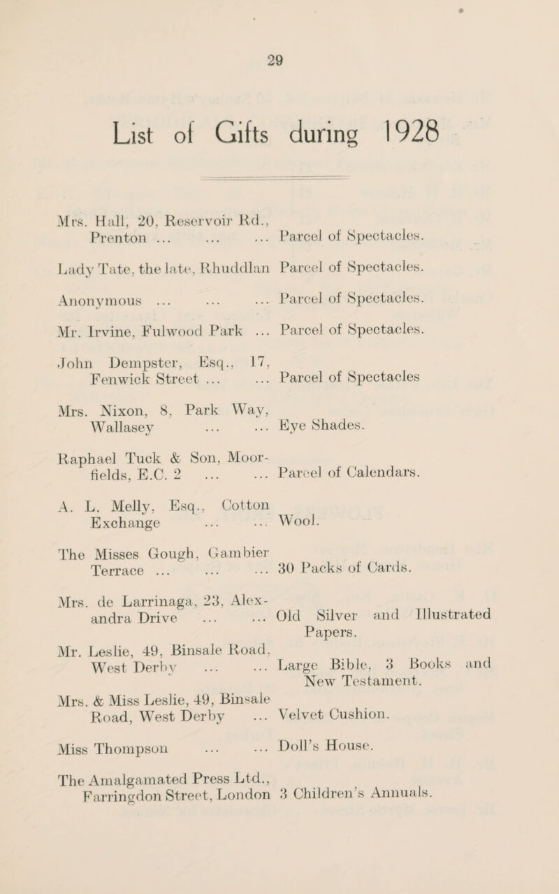 List of Gifts during 1928 Mrs. Hall, 20. Reservoir Rd., Prenton ... Lady Tate, the late, Rhuddlan Anonymous ... Mr. Irvine, Fulwood Park ... John Dempster, Esq., 17, Fenwick Street ... Mrs. Nixon, 8, Park Way, Wallasey Raphael Tuck & Son, Moor- fields, E.C. 2 A. L. Melly, Esq., Cotton Exchange The Misses Gough, G ain bier Terrace ... Mrs. de Larrinaga, 23, Alex¬ andra Drive Mr. Leslie, 49, Binsale Road, West Derby Mrs. & Miss Leslie, 49, Binsale Road, West Derby Miss Thompson The Amalgamated Press Ltd., O Parcel of Spectacles. Parcel of Spectacles. Parcel of Spectacles. Parcel of Spectacles. Parcel of Spectacles Eye Shades. Parcel of Calendars. Wool. 30 Packs of Cards. Old Silver and Illustrated Papers. Large Bible, 3 Books and New Testament. Velvet Cushion. Doll’s House.