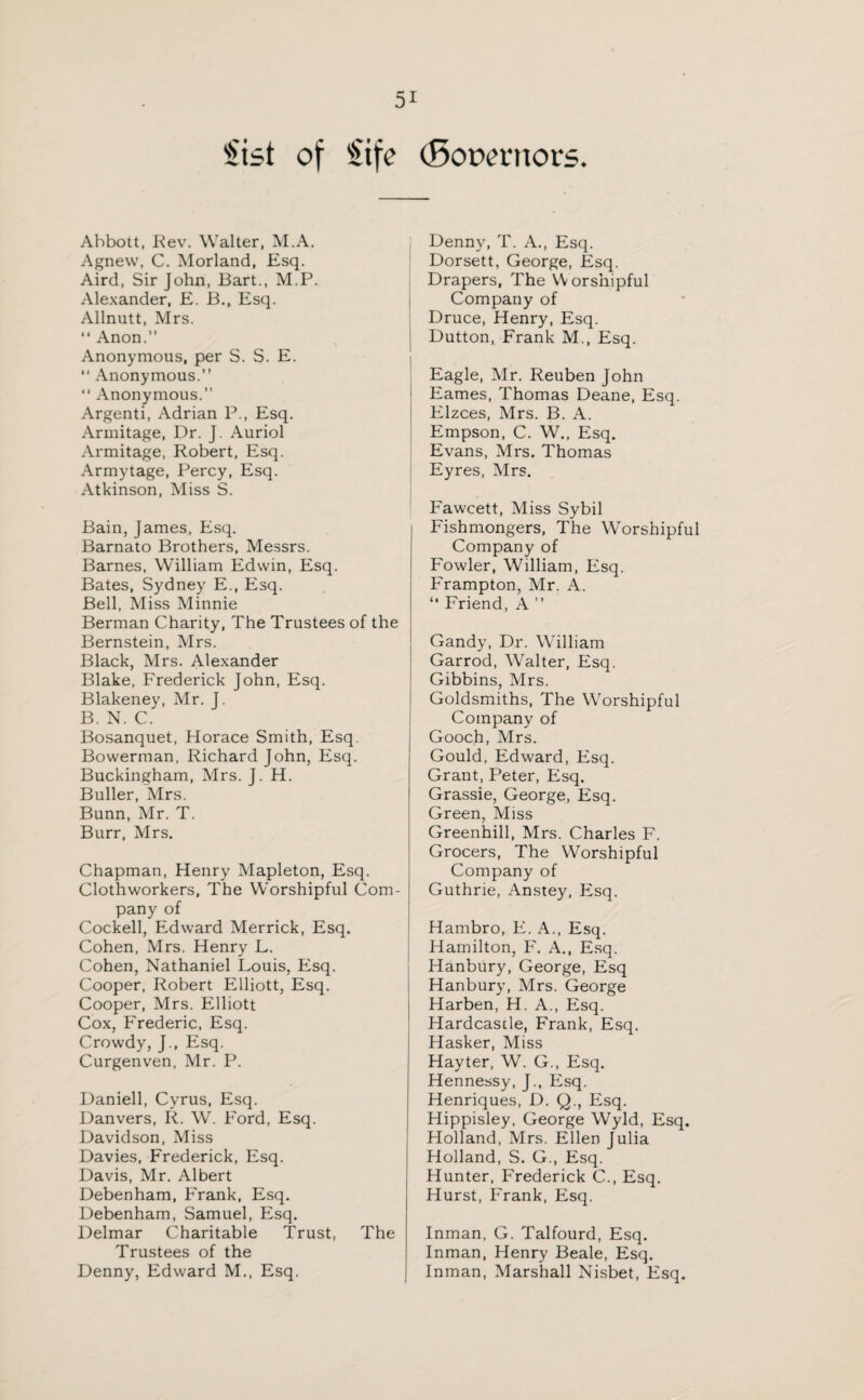 §ist of §tfe (Sonemors. Abbott, Rev. Walter, M.A. Agnew, C. Morland, Esq. Aird, Sir John, Bart., M.P. Alexander, E. B., Esq. Allnutt, Mrs. “ Anon.” Anonymous, per S. S. E. 11 Anonymous.” ” Anonymous.” Argenti, Adrian P., Esq. Armitage, Dr. J. Auriol Armitage, Robert, Esq. Armytage, Percy, Esq. Atkinson, Miss S. Bain, James, Esq. Barnato Brothers, Messrs. Barnes, William Edwin, Esq. Bates, Sydney E., Esq. Bell, Miss Minnie Berman Charity, The Trustees of the Bernstein, Mrs. Black, Mrs. Alexander Blake, Frederick John, Esq. Blakeney, Mr. J. B. N. C. Bosanquet, Horace Smith, Esq. Bowerman, Richard John, Esq. Buckingham, Mrs. J. H. Buller, Mrs. Bunn, Mr. T. Burr, Mrs. Chapman, Henry Mapleton, Esq. Clothworkers, The Worshipful Com¬ pany of Cockell, Edward Merrick, Esq. Cohen, Mrs. Henry L. Cohen, Nathaniel Louis, Esq. Cooper, Robert Elliott, Esq. Cooper, Mrs. Elliott Cox, Frederic, Esq. Crowdy, J., Esq. Curgenven, Mr. P. Daniell, Cyrus, Esq. Danvers, R. W. Ford, Esq. Davidson, Miss Davies, Frederick, Esq. Davis, Mr. Albert Debenham, Frank, Esq. Debenham, Samuel, Esq. Delmar Charitable Trust, The Trustees of the Denny, Edward M., Esq. Denny, T. A., Esq. Dorsett, George, Esq. Drapers, The YV orshipful Company of Druce, Henry, Esq. Dutton, Frank M., Esq. Eagle, Mr. Reuben John Eames, Thomas Deane, Esq. Elzces, Mrs. B. A. Empson, C. W., Esq. Evans, Mrs. Thomas Eyres, Mrs. Fawcett, Miss Sybil Fishmongers, The Worshipful Company of Fowler, William, Esq. Frampton, Mr. A. “ Friend, A ” Gandy, Dr. William Garrod, Walter, Esq. Gibbins, Mrs. Goldsmiths, The Worshipful Company of Gooch, Mrs. Gould, Edward, Esq. Grant, Peter, Esq. Grassie, George, Esq. Green, Miss Greenhill, Mrs. Charles F. Grocers, The Worshipful Company of Guthrie, Anstey, Esq. Hambro, E. A., Esq. Hamilton, F. A., Esq. Hanbury, George, Esq Hanbury, Mrs. George Harben, H. A., Esq. Hardcastle, Frank, Esq. Hasker, Miss Hayter, W. G., Esq. Hennessy, J., Esq. Henriques, D. Q., Esq. Hippisley, George Wyld, Esq. Holland, Mrs. Ellen Julia Holland, S. G., Esq. Hunter, Frederick C., Esq. Hurst, Frank, Esq. Inman, G. Talfourd, Esq. Inman, Henry Beale, Esq. Inman, Marshall Nisbet, Esq.