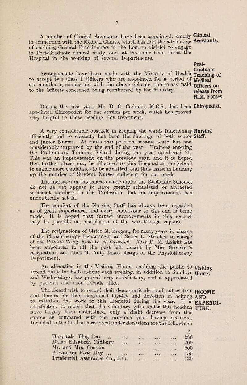 A number of Clinical Assistants have been appointed, chiefly Clinical in connection with the Medical Clinics, which has had the advantage Assistants, of enabling General Practitioners in the London district to engage in Post-Graduate clinical study, and, at the same time, assist the Hospital in the working of several Departments. Post- Graduate Arrangements have been made with the Ministry of Health Teaching of to accept two Class I Officers who are appointed for a period of Medical six months in connection with the above Scheme, the salary paid officers on to the Officers concerned being reimbursed by the Ministry. release from H.M. Forces. During the past year, Mr. D. C. Cadman, M.C.S., has been Chiropodist, appointed Chiropodist for one session per week, which has proved very helpful to those needing this treatment. A very considerable obstacle in keeping the wards functioning Nursing efficiently and to capacity has been the shortage of both senior Staff, and junior Nurses. At times this position became acute, but had considerably improved by the end of the year. Trainees entering the Preliminary Training School during the year numbered 20. This was an improvement on the previous year, and it is hoped that further places may be allocated to this Hospital at the School to enable more candidates to be admitted, and thus assist in building up the number of Student Nurses sufficient for our needs. The increases in the salaries made under the Rushcliffe Scheme, do not as yet appear to have greatly stimulated or attracted sufficient numbers to the Profession, but an improvement has undoubtedly set in. The comfort of the Nursing Staff has always been regarded as of great importance, and every endeavour to this end is being made. It is hoped that further improvements in this respect may be possible on completion of the war-damage repairs. The resignations of Sister M. Brogan, for many years in charge of the Physiotherapy Department, and Sister L. Strecker, in charge of the Private Wing, have to be recorded. Miss D. M. Laight has been appointed to fill the post left vacant by Miss Strecker’s resignation, and Miss M. Auty takes charge of the Physiotherapy Department. An alteration in the Visiting Hours, enabling the public to Visiting attend daily for half-an-hour each evening, in addition to Sundays Hours, and Wednesdays, has proved very satisfactory, and is appreciated by patients and their friends alike. The Board wish to record their deep gratitude to all subscribers INCOME and donors for their continued loyalty and devotion in helping AND to maintain the work of this Hospital during the year. It is EXPENDI- satisfactory to report that the voluntary gifts under this heading TURE have largely been maintained, only a slight decrease from this source as compared with the previous year having occurred. Included in the total sum received under donations are the following : £ Hospitals’ Flag Day. 286 Dame Elizabeth Cadbury ... ... ... ... 200 Mr. and Mrs. Costain . 200 Alexandra Rose Day ... ... ... ... ... 150 Prudential Assurance Co., Ltd. ... ... ... 130