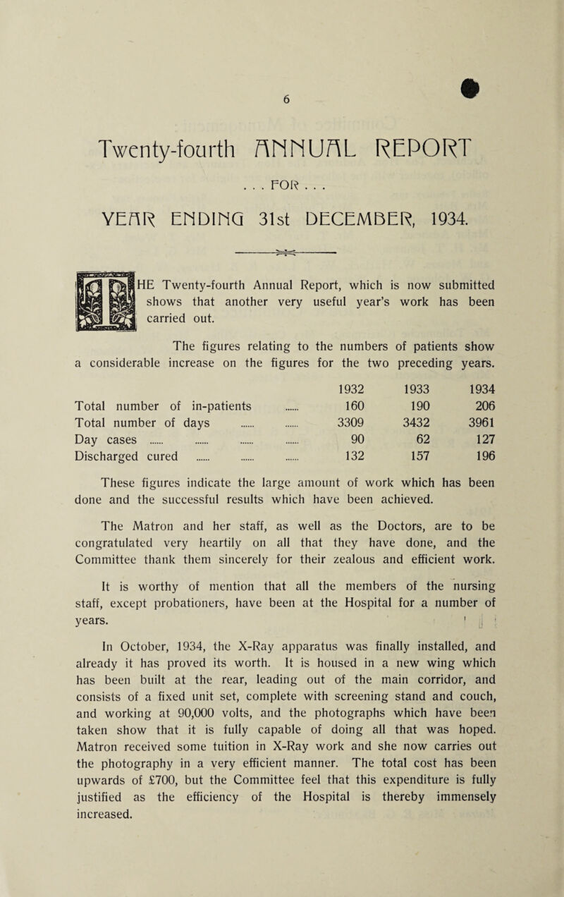 Twenty-fourth ANNUAL REPORT . . . FOR . . . YEAR ENDING 31st DECEMBER, 1934 HE Twenty-fourth Annual Report, which is now submitted shows that another very useful year’s work has been carried out. The figures relating to the numbers of patients show a considerable increase on the figures for the two preceding years. 1932 1933 1934 Total number of in-patients 160 190 206 Total number of days 3309 3432 3961 Day cases . 90 62 127 Discharged cured 132 157 196 These figures indicate the large amount of work which has been done and the successful results which have been achieved. The Matron and her staff, as well as the Doctors, are to be congratulated very heartily on all that they have done, and the Committee thank them sincerely for their zealous and efficient work. It is worthy of mention that all the members of the nursing staff, except probationers, have been at the Hospital for a number of years. ' Lj In October, 1934, the X-Ray apparatus was finally installed, and already it has proved its worth. It is housed in a new wing which has been built at the rear, leading out of the main corridor, and consists of a fixed unit set, complete with screening stand and couch, and working at 90,000 volts, and the photographs which have been taken show that it is fully capable of doing all that was hoped. Matron received some tuition in X-Ray work and she now carries out the photography in a very efficient manner. The total cost has been upwards of £700, but the Committee feel that this expenditure is fully justified as the efficiency of the Hospital is thereby immensely increased.