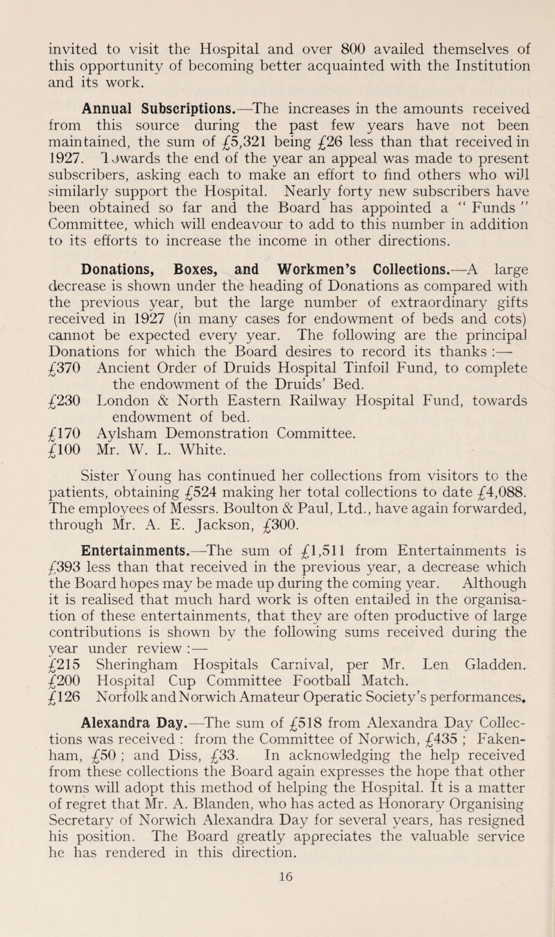 invited to visit the Hospital and over 800 availed themselves of this opportunity of becoming better acquainted with the Institution and its work. Annual Subscriptions.—The increases in the amounts received from this source during the past few years have not been maintained, the sum of £5,321 being £26 less than that received in 1927. lowards the end of the year an appeal was made to present subscribers, asking each to make an effort to find others who will similarly support the Hospital. Nearly forty new subscribers have been obtained so far and the Board has appointed a “ Funds ” Committee, which will endeavour to add to this number in addition to its efforts to increase the income in other directions. Donations, Boxes, and Workmen’s Collections.—A large decrease is shown under the heading of Donations as compared with the previous year, but the large number of extraordinary gifts received in 1927 (in many cases for endowment of beds and cots) cannot be expected every year. The following are the principal Donations for which the Board desires to record its thanks :— £370 Ancient Order of Druids Hospital Tinfoil Fund, to complete the endowment of the Druids' Bed. £230 London & North Eastern Railway Hospital Fund, towards endowment of bed. £170 Aylsham Demonstration Committee. £100 Mr. W. L. White. Sister Young has continued her collections from visitors to the patients, obtaining £524 making her total collections to date £4,088. The employees of Messrs. Boulton & Paul, Ltd., have again forwarded, through Mr. A. E. Jackson, £300. Entertainments.—-The sum of £1,511 from Entertainments is £393 less than that received in the previous year, a decrease which the Board hopes may be made up during the coming year. Although it is realised that much hard work is often entailed in the organisa¬ tion of these entertainments, that they are often productive of large contributions is shown by the following sums received during the year under review :— £215 Sheringham Hospitals Carnival, per Mr. Len Gladden. £200 Hospital Cup Committee Football Match. £126 Norfolk and N orwich Amateur Operatic Society’s performances. Alexandra Day.—-The sum of £518 from Alexandra Day Collec¬ tions was received : from the Committee of Norwich, £435 ; Faken- ham, £50 ; and Diss, £33. In acknowledging the help received from these collections the Board again expresses the hope that other towns will adopt this method of helping the Hospital. It is a matter of regret that Mr. A. Blanden, who has acted as Honorary Organising Secretary of Norwich Alexandra Day for several years, has resigned his position. The Board greatly appreciates the valuable service he has rendered in this direction.
