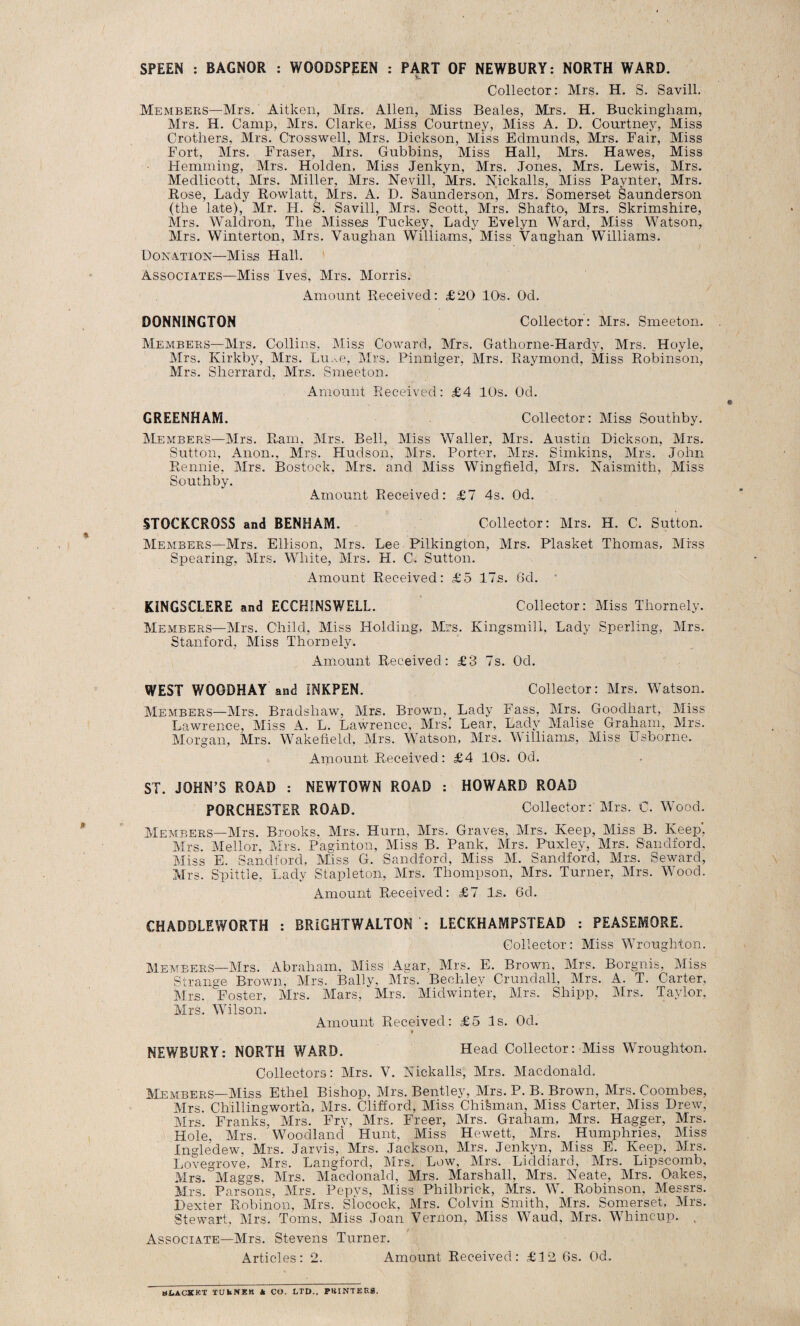 SPEEN : BAGNOR : WOODSPEEN : PART OF NEWBURY: NORTH WARD. Collector: Mrs. H. S. Savill. Members—Mrs. Aitken, Mrs. Allen, Miss Beales, Mrs. H. Buckingham, Mrs. H. Camp, Mrs. Clarke, Miss Courtney, Miss A. D. Courtney, Miss Crotliers, Mrs. Crosswell, Mrs. Dickson, Miss Edmunds, Mrs. Fair, Miss Fort, Mrs. Fraser, Mrs. Gubbins, Miss Hall, Mrs. Hawes, Miss Hemming, Mrs. Holden, Miss Jenkyn, Mrs. Jones, Mrs. Lewis, Mrs. Medlicott, Mrs. Miller, Mrs. Nevill, Mrs. Nickalls, Miss Pavnter, Mrs. Rose, Lady Rowlatt, Mrs. A. D. Saunderson, Mrs. Somerset Saunderson (the late), Mr. IL. S. Savill, Mrs. Scott, Mrs. Shafto, Mrs. Skrimshire, Mrs. Waldron, The Misses Tuckey, Lady Evelyn Ward, Miss Watson, Mrs. Winterton, Mrs. Vaughan Williams, Miss Vaughan Williams. Donation—Miss Hall. Associates—Miss Ives, Mrs. Morris. Amount Received: £20 10s. Od. DONNINGTON Collector: Mrs. Smeeton. Members—Mrs. Collins. Miss Coward, Mrs. Gathorne-Hardy, Mrs. Hoyle, Mrs. Kirkby, Mrs. Lime, Mrs. Pinniger, Mrs. Raymond, Miss Robinson, Mrs. Sherrard, Mrs. Smeeton. Amount Received: £4 10s. Od. GREENHAM. Collector: Miss Southby. Members—Mrs. Ram, Mrs. Bell, Miss Waller, Mrs. Austin Dickson, Mrs. Sutton, Anon., Mrs. Hudson, Mrs. Porter, Mrs. Simkins, Mrs. John Rennie, Mrs. Bostock. Mrs. and Miss Wingfield, Mrs. Naismith, Miss Southby. Amount Received: £1 4s. Od. ST0CKCR05S and BENHAM. Collector: Mrs. H. C. Sutton. Members—Mrs. Ellison, Mrs. Lee Pilkington, Mrs. Plasket Thomas, Miss Spearing, Mrs. White, Mrs. H. C. Sutton. Amount Received: £5 17s. 6d. ' K1NGSCLERE and ECCHINSWELL. Collector: Miss Thornely. Members—Mrs. Child, Miss Holding, Mrs. Kingsmill, Lady Sperling, Mrs. Stanford, Miss Thornely. Amount Received: £3 7s. Od. WEST WOODHAY and INKPEN. Collector: Mrs. Watson. Members—Mrs. Bradshaw, Mrs. Brown, Lady Fass, Mrs. Goodhart, Miss Lawrence, Miss A. L. Lawrence, Mrs! Lear, Lady Malise Graham, Mrs. Morgan, Mrs. Wakefield, Mrs. Watson, Mrs. Williams, Miss Usborne. Amount Received: £4 10s. Od. ST. JOHN’S ROAD : NEWTOWN ROAD : HOWARD ROAD P0RCHE5TER ROAD. Collector: Mrs. C. Wood. Members—Mrs. Brooks, Mrs. Hum, Mrs. Graves, Mrs. Keep, Miss B. Keep. Mrs. Mellor, Mrs. Paginton, Miss B. Panic, Mrs. PUxley, Mrs. Sanclford, Miss E. Sanclford, Miss G. Sanclford, Miss M. Sanclford, Mrs. Seward, Mrs. Spittle, Lady Stapleton, Mrs. Thompson, Mrs. Turner, Mrs. Wood. Amount Received: £7 Is. 6d. CHADDLEWORTH : BRiGHTWALTON : LECKHAMPSTEAD : PEASEMORE. Collector: Miss Wroughton. Members—Mrs. Abraham, Miss Agar, Mrs. E. Brown, Mrs. Borgnis, Miss Strange Brown, Mrs. Bally, Mrs. Bechley Crundall, Mrs. A. T. Carter, Mrs. Foster, Mrs. Mars, Mrs. Midwinter, Mrs. Shipp, Mrs. Taylor, Mrs. Wilson. Amount Received: £5 Is. Od. NEWBURY: NORTH WARD. Head Collector: Miss Wroughton. Collectors: Mrs. V. Nickalls, Mrs. Macdonald. Members—Miss Ethel Bishop, Mrs. Bentley, Mrs. P. B. Brown, Mrs. Coombes, Mrs. Chillingworth, Mrs. Clifford, Miss Chi&man, Miss Carter, Miss Drew, Mrs. Franks, Mrs. Fry, Mrs. Freer, Mrs. Graham, Mrs. Hagger, Mrs. Hole, Mrs. Woodland Hunt, Miss Hewett, Mrs. Humphries, Miss Ingledew, Mrs. Jarvis, Mrs. Jackson, Mrs. Jenkyn, Miss E. Keep, Mrs. Lovegrove, Mrs. Langford, Mrs. Low, Mrs. Liddiard, Mrs. Lipscomb, Mrs.°Maggs, Mrs. Macdonald, Mrs. Marshall, Mrs. Neate, Mrs. Oakes, Mrs. Parsons, Mrs. Pepvs, Miss Philbrick, Mrs. W. Robinson, Messrs. Dexter Robinon, Mrs. Slocock, Mrs. Colvin Smith, Mrs. Somerset, Mrs. Stewart, Mrs. Toms, Miss Joan Vernon, Miss Waud, Mrs. Whincup. . Associate—Mrs. Stevens Turner. Articles: 2. Amount Received: £12 Gs. Od. WLACJKKT TUfcNEH & CO. LTD.. PUINTER8.
