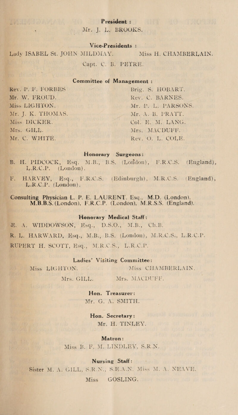 President : Mr. J. L. BROOKS. Vice-Presidents : Lady ISABEL St. JOHN MILDMAY. Miss H. CHAMBERLAIN. Capt. C. B. PETRE. Committee of Management Rev. P. E. FORBES Mr. W. FROUD. Miss LIGHTON. Mr. J. K. THOMAS. Miss DICKER. Mrs. GILL. Mr. C. WHITE. Brig. S. HOBART. Rev. C. BARNES. Mr. I’. L. PARSONS. Mr. A. B. PRATT. Col. E. M. LANG. Mrs. MACDUFF. Rev. O. L. COLE. Honorary Surgeons: B. H. PIDCOCK, Esq. M.B., B.S. (London), F.R.C.S. (England), L.R.C.P. (London). F. HARVEY, Esq., F.R.C.S. (Edinburgh), M.R.C.S. (England), L.R.C.P. (London). Consulting Physician L. P. PL LAURENT, Esq., M.D. (London), M.B.B.S. (London), L.R.C.P. (London), M.R.S.S. (England). Honorary Medical Staff: E. A. WIDDOWSON, Esq., D.S.O., M.B., Ch.B. R. L. HARWARD, Esq., M.B., B.S. (London), M.R.C.S., L.R.C.P. RUPERT IT. SCOTT, Esq., M.R.C.S., L.R.C.P. Ladies’ Visiting Committee: Miss LIGHTON. Miss CHAMBERLAIN. Mrs. GILL. Mrs. MACDUFF'. Hon. Treasurer: Mr. G. A. SMITH. Hon. Secretary: Mr. H. TINLEY. Matron: Miss B. F. M. BINDLEY, S.R.N. Nursing Staff: Sister M. A. GILL, S.R.N., S.E.A.N. MBs M. A. XEAYE. Miss GOSLING.