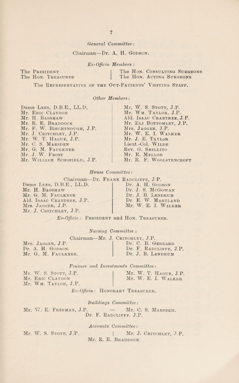 General Committee : Chairman—Dr. A. H. Godson. Ex-Officio Members : The President The Hon. Consulting Surgeons The Hon. Treasurer The Hon. Acting Surgeons The Representative of the Out-Patients’ Visiting Staff. Other Members: Dame Lees, D.B.E., LL.D. Mr. Eric Claydon Mr. H. Bagshaw Mr. R. E. Braddock Mr. P. W. Birchenough, J.P. Mr. J. Critchley, J.P. Mr. W. T. Hague, J.P. Mr. C. S. Marsden Mr. G. M. Faulkner Mr. J. W. Erost Mr. William Schofield, J.P. Mr. W. S. Stott, J.P. Mr. Wm. Taylor, J.P. Aid. Isaac Crabtree, J.P. Mr. Eli Bottomley, J.P. Mrs. Jagger, J.P. Mr. W. E. I. Walker Mr. J. E. Taylor Lieut.-Col. Wilde Rev. G. Shillito Mr. R. Mellor Mr. R. E. Woolstencroft House Committee: Chairman- Dame Lees, D.B.E., LL.D. Mr. H. Bagshaw Mr. G. M. Faulkner Aid. Isaac Crabtree, J.P. Mrs. Jagger, J.P. Mr. J. Critchley, J.P. Ex-Offi-cio : President and Hon. Treasurer. Dr. Frank Radcliffe, J.P. Dr. A. H. Godson Dr. J. S. McGowan Dr. J. B. Lendrum Dr. E. W. Martland Mr. W. E. I. Walker Nursing Committee : Chairman—Mr. J. Critchley. J.P. Mrs. Jagger, J.P. Dr. A. H. Godson. Mr. G. M. Faulkner. Dr. C. B. Gerrard Dr. F. Radcliffe, J.P. Dr. J. B. Lendrum Finance and Investments Committee : Mr. W. S. Stott, J.P. Mr. W. T. Hague, J.P. Mr. Eric Claydon Mr. W. E. I. Walker Mr. Wm. Taylor, J.P. Ex-Officio : Honorary Treasurer. Buildings Committee: Mr. W. E. Freeman, J.P. — Mr. C. S. Marsden. Dr. F. Radcliffe. J.P. Accounts Committee: | Mr. J. Critchley, J.P. Mr. R. E. Braddock Mr. W. S. Stott, J.P.