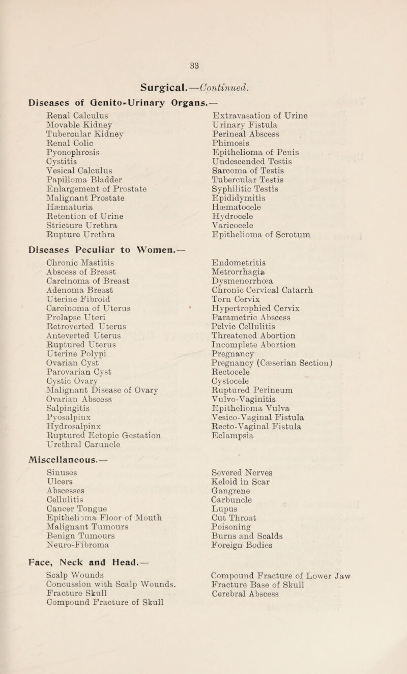 Surgical. Diseases of Genito-Urinary Organs. Renal Calculus Movable Kidney Tubercular Kidney Renal Colic Pyonephrosis Cystitis Vesical Calculus Papilloma Bladder Enlargement of Prostate Malignant Prostate Hsematuria Retention of Urine Stricture Urethra Rupture Urethra Diseases Peculiar to Women.— Chronic Mastitis Abscess of Breast Carcinoma of Breast Adenoma Breast Uterine Fibroid Carcinoma of Uterus Prolapse Uteri Retroverted Uterus Anteverted Uterus Ruptured Uterus Uterine Polypi Ovarian Cyst Parovarian Cyst Cystic Ovary Malignant Disease of Ovary Ovarian Abscess Salpingitis Pyosalpinx Hydrosalpinx Ruptured Ectopic Gestation Urethral Caruncle Miscellaneous.— Sinuses Ulcers Abscesses Cellulitis Cancer Tongue Epithelioma Floor of Mouth Malignant Tumours Benign Tumours Neuro-Fibroma Face, Neck and Head.— Scalp Wounds Concussion with Scalp Wounds. Fracture Skull Compound Fracture of Skull Continued. Extravasation of Urine Urinary Fistula Perineal Abscess Phimosis Epithelioma of Penis Undescended Testis Sarcoma of Testis Tubercular Testis Syphilitic Testis Epididymitis Hematocele Hydrocele Varicocele Epithelioma of Scrotum Endometritis Metrorrhagia Dysmenorrhoea Chronic Cervical Catarrh Torn Cervix Hypertrophied Cervix Parametric Abscess Pelvic Cellulitis Threatened Abortion Incomplete Abortion Pregnancy Pregnancy (Caeserian Section) Rectocele Cystocele Ruptured Perineum Vulvo-Vaginitis Epithelioma Vulva Vesico-Vaginal Fistula Recto-Vaginal Fistula Eclampsia Severed Nerves Keloid in Scar Gangrene Carbuncle Lupus Cut Throat Poisoning Burns and Scalds Foreign Bodies Compound Fracture of Lower Jaw Fracture Base of Skull Cerebral Abscess