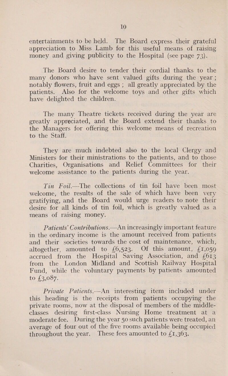 entertainments to be held. The Board express their grateful appreciation to Miss Lamb for this useful means of raising money and giving publicity to the Hospital (see page 73). The Board desire to tender their cordial thanks to the many donors who have sent valued gifts during the year ; notably flowers, fruit and eggs ; all greatly appreciated by the patients. Also for the welcome toys and other gifts which have delighted the children. The many Theatre tickets received during the year are greatly appreciated, and the Board extend their thanks to the Managers for offering this welcome means of recreation to the Staff. They are much indebted also to the local Clergy and Ministers for their ministrations to the patients, and to those Charities, Organisations and Relief Committees for their welcome assistance to the patients during the year. Tin Foil.—The collections of tin foil have been most welcome, the results of the sale of which have been very gratifying, and the Board would urge readers to note their desire for all kinds of tin foil, which is greatly valued as a means of raising money. Patients’ Contributions.—An increasingly important feature in the ordinary income is the amount received from patients and their societies towards the cost of maintenance, which, altogether, amounted to £6,523. Of this amount, £1,059 accrued from the Hospital Saving Association, and £613 from the London Midland and Scottish Railway Hospital Fund, while the voluntary payments by patients amounted to £3,087. Private Patients.—An interesting item included under this heading is the receipts from patients occupying the private rooms, now at the disposal of members of the middle- classes desiring first-class Nursing Home treatment at a moderate fee. During the year 50 such patients were treated, an average of four out of the five rooms available being occupied throughout the year. These fees amounted to £1,363.