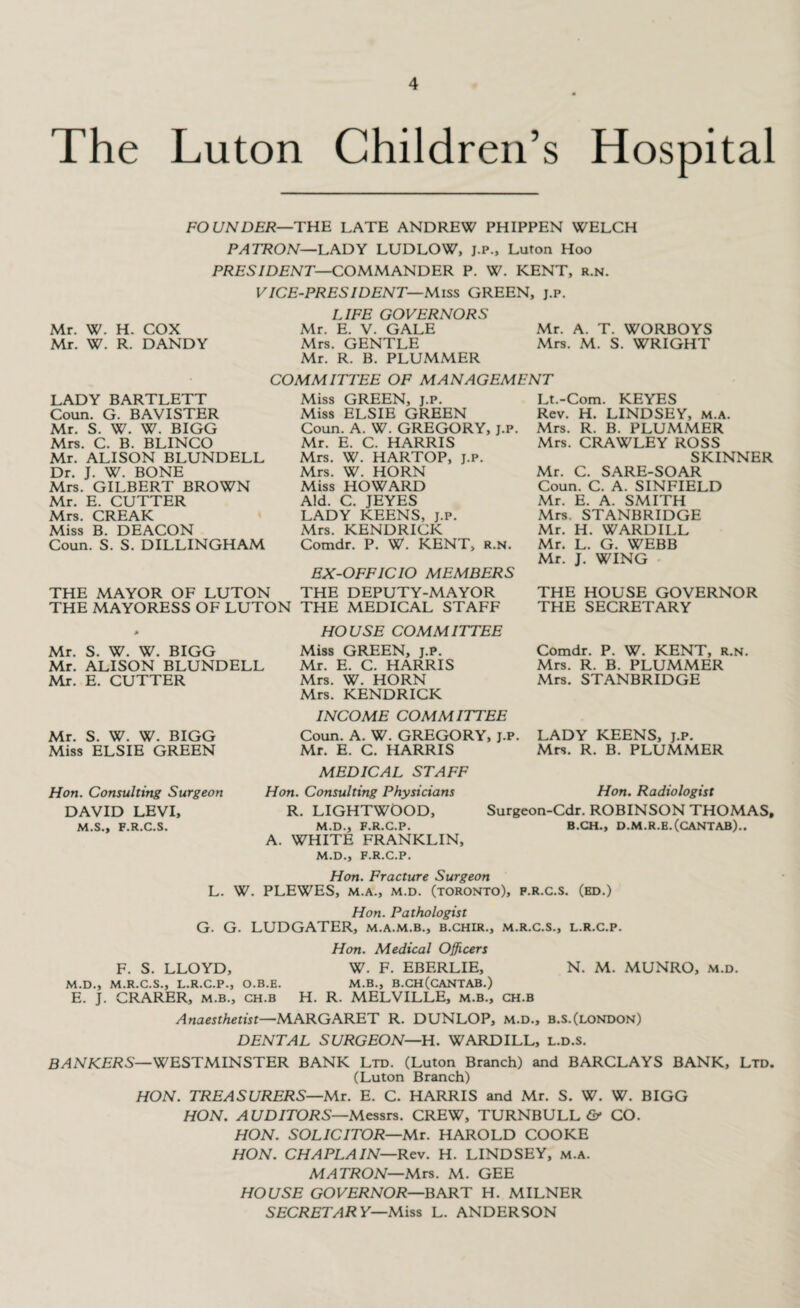 The Luton Children’s Hospital Mr. w. H. cox Mr. W. R. DANDY FOUNDER—THE LATE ANDREW PHIPPEN WELCH PATRON—EADY LUDLOW, J.P., Luton Hoo PRESIDENT—COMMANDER P. W. KENT, r.n. VICE-PRESIDENT—Miss GREEN, j.p. LIFE GOVERNORS Mr. E. V. GALE Mrs. GENTLE Mr. R. B. PLUMMER Mr. A. T. WORBOYS Mrs. M. S. WRIGHT COMMITTEE OF MANAGEMENT LADY BARTLETT Coun. G. BAVISTER Mr. S. W. W. BIGG Mrs. C. B. BLINCO Mr. ALISON BLUNDELL Dr. J. W. BONE Mrs. GILBERT BROWN Mr. E. CUTTER Mrs. CREAK Miss B. DEACON Coun. S. S. DILLINGHAM Miss GREEN, j.p. Miss ELSIE GREEN Coun. A. W. GREGORY, j.p. Mr. E. C. HARRIS Mrs. W. HARTOP, j.p. Mrs. W. HORN Miss HOWARD Aid. C. JEYES LADY KEENS, j.p. Mrs. KENDRICK Comdr. P. W. KENT, r.n. EX-OFFICIO MEMBERS THE MAYOR OF LUTON THE DEPUTY-MAYOR THE MAYORESS OF LUTON THE MEDICAL STAFF Mr. S. W. W. BIGG Mr. ALISON BLUNDELL Mr. E. CUTTER Mr. S. W. W. BIGG Miss ELSIE GREEN HOUSE COMMITTEE Miss GREEN, j.P. Mr. E. C. HARRIS Mrs. W. HORN Mrs. KENDRICK INCOME COMMITTEE Coun. A. W. GREGORY, j.p. Mr. E. C. HARRIS Lt.-Com. KEYES Rev. H. LINDSEY, m.a. Mrs. R. B. PLUMMER Mrs. CRAWLEY ROSS SKINNER Mr. C. SARE-SOAR Coun. C. A. SINFIELD Mr. E. A. SMITH Mrs. STANBRIDGE Mr. H. WARDILL Mr. L. G. WEBB Mr. J. WING THE HOUSE GOVERNOR THE SECRETARY Comdr. P. W. KENT, r.n. Mrs. R. B. PLUMMER Mrs. STANBRIDGE LADY KEENS, j.p. Mrs. R. B. PLUMMER Hon. Consulting Surgeon DAVID LEVI, M.S., F.R.C.S. MEDICAL STAFF Hon. Consulting Physicians R. LIGHTWOOD, M.D., F.R.C.P. A. WHITE FRANKLIN, M.D., F.R.C.P. Hon. Fracture Surgeon L. W. PLEWES, M.A., M.D. (TORONTO), F.R.C.S Hon. Pathologist G. G. LUDGATER, m.a.m.b., b.chir., m.r.c.s., l.r.c.p. Hon. Medical Officers F. S. LLOYD, W. F. EBERLIE, N. M. MUNRO, .m.d. M.D., M.R.C.S., L.R.C.P., O.B.E. M.B., B.CH(CANTAB.) E. J. CRARER, M.B., CH.B H. R. MELVILLE, m.b., ch.b Anaesthetist—MARGARET R. DUNLOP, M.D., b.s.(london) Hon. Radiologist Surgeon-Cdr. ROBINSON THOMAS. b.ch., d.m.r.b.(cantab).. (ED.) DENTAL SURGEON—H. WARDILL, L.D.s. bankers—WESTMINSTER BANK Ltd. (Luton Branch) and BARCLAYS BANK, Ltd. (Luton Branch) HON. TREASURERS—Mr. E. C. HARRIS and Mr. S. W. W. BIGG HON. AUDITORS—Messrs. CREW, TURNBULLS* CO. HON. SOLICITOR—Mr. HAROLD COOKE HON. CHAPLAIN—Rev. H. LINDSEY, m.a. MATRON—Mrs. M. GEE HOUSE GOVERNOR—BART H. MILNER SECRETARY—Miss L. ANDERSON