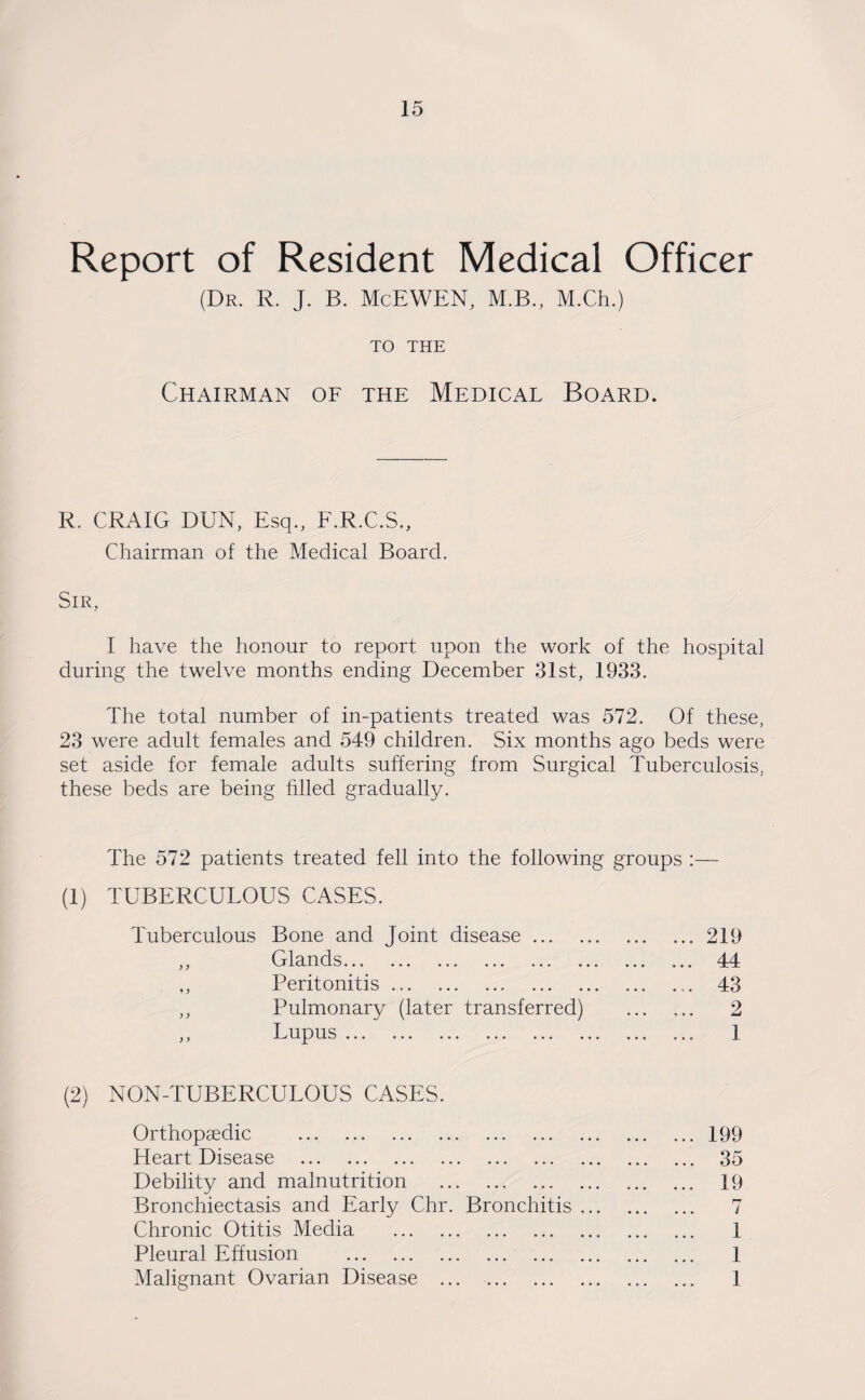 Report of Resident Medical Officer (Dr. R. J. B. McEWEN, M.B., M.Ch.) TO THE Chairman of the Medical Board. R. CRAIG DUN, Esq., F.R.C.S., Chairman of the Medical Board. Sir, I have the honour to report upon the work of the hospital during the twelve months ending December 31st, 1933. The total number of in-patients treated was 572. Of these, 23 were adult females and 549 children. Six months ago beds were set aside for female adults suffering from Surgical Tuberculosis, these beds are being filled gradually. The 572 patients treated fell into the following groups :— (1) TUBERCULOUS CASES. Tuberculous Bone and Joint disease.219 ,, Glands. 44 ,, Peritonitis. 43 ,, Pulmonary (later transferred) . 2 ,, Lupus ... ... ... ... ... ... ... ... 1 (2) NON-TUBERCULOUS CASES. Orthopaedic .199 Heart Disease . 35 Debility and malnutrition . 19 Bronchiectasis and Early Chr. Bronchitis. 7 Chronic Otitis Media . 1 Pleural Effusion . 1 Malignant Ovarian Disease . 1