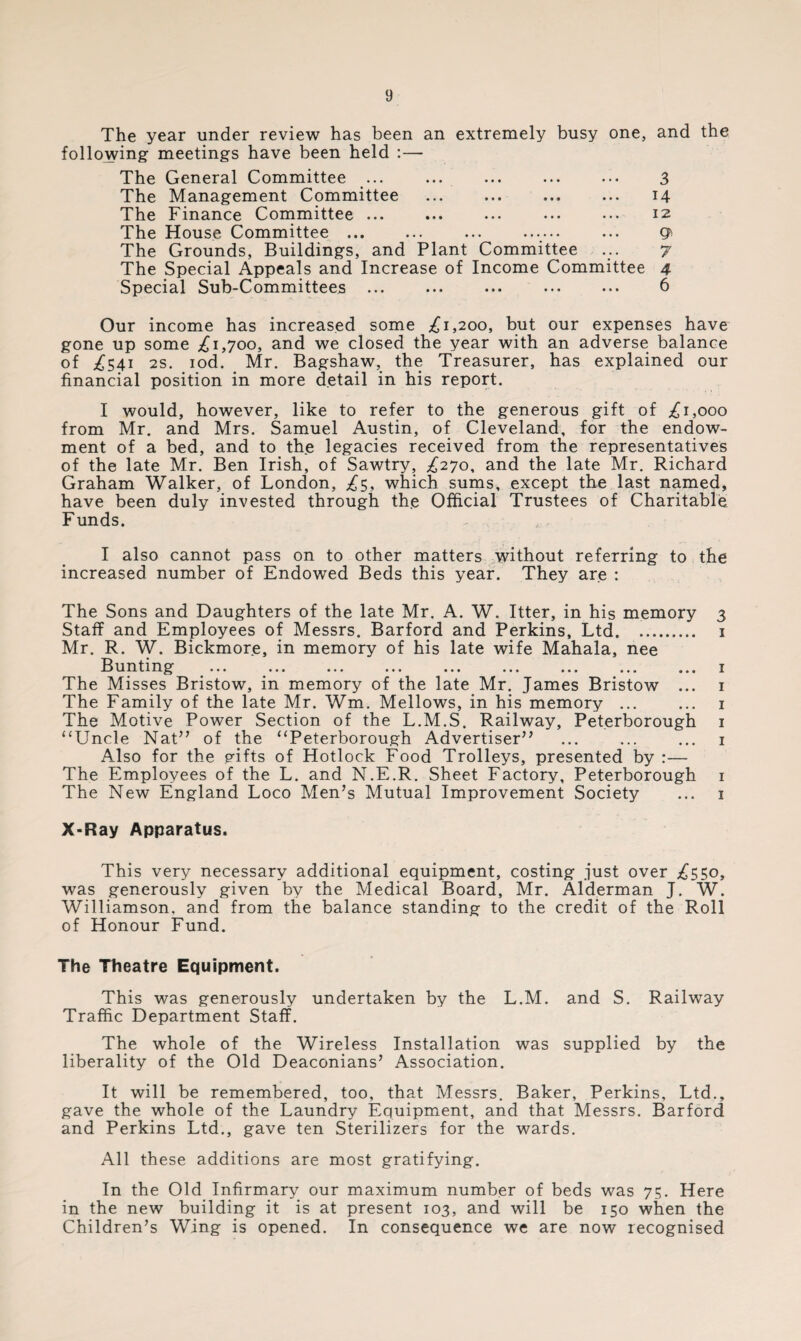 The year under review has been an extremely busy one, and the following- meetings have been held :— The General Committee ... ... ... ... ... 3 The Management Committee ... ... ... ... 14 The Finance Committee. 12 The House Committee ... ... ... . ... The Grounds, Buildings, and Plant Committee ... 7 The Special Appeals and Increase of Income Committee 4 Special Sub-Committees ... ... ••• ••• ••• 6 Our income has increased some ;£ 1,200, but our expenses have gone up some ^1,700, and we closed the year with an adverse balance of ^541 2S. iod. Mr. Bagshaw, the Treasurer, has explained our financial position in more detail in his report. I would, however, like to refer to the generous gift of ^1,000 from Mr. and Mrs. Samuel Austin, of Cleveland, for the endow¬ ment of a bed, and to the legacies received from the representatives of the late Mr. Ben Irish, of Sawtry, ^270, and the late Mr. Richard Graham Walker, of London, £5, which sums, except the last named, have been duly invested through the Official Trustees of Charitable Funds. I also cannot pass on to other matters without referring to the increased number of Endowed Beds this year. They are : The Sons and Daughters of the late Mr. A. W. Itter, in his memory 3 Staff and Employees of Messrs. Barford and Perkins, Ltd. 1 Mr. R. W. Bickmore, in memory of his late wife Mahala, nee h u xi ting* ... ... ... ... ... ... ... ... ... 1 The Misses Bristow, in memory of the late Mr. James Bristow ... 1 The Family of the late Mr. Wm. Mellows, in his memory ... ... 1 The Motive Power Section of the L.M.S. Railway, Peterborough 1 “Uncle Nat” of the “Peterborough Advertiser” ... ... ... 1 Also for the gifts of Hotlock Food Trolleys, presented by :— The Employees of the L. and N.E.R. Sheet Factory, Peterborough 1 The New England Loco Men’s Mutual Improvement Society ... x X-Ray Apparatus. This very necessary additional equipment, costing just over ^550, was generously given by the Medical Board, Mr. Alderman J. W. Williamson, and from the balance standing to the credit of the Roll of Honour Fund. The Theatre Equipment. This was generously undertaken by the L.M. and S. Railway Traffic Department Staff. The whole of the Wireless Installation was supplied by the liberality of the Old Deaconians’ Association. It will be remembered, too, that Messrs. Baker, Perkins, Ltd., gave the whole of the Laundry Equipment, and that Messrs. Barford and Perkins Ltd., gave ten Sterilizers for the wards. All these additions are most gratifying. In the Old Infirmary our maximum number of beds was 75. Here in the new building it is at present 103, and will be 150 when the Children’s Wing is opened. In consequence we are now recognised