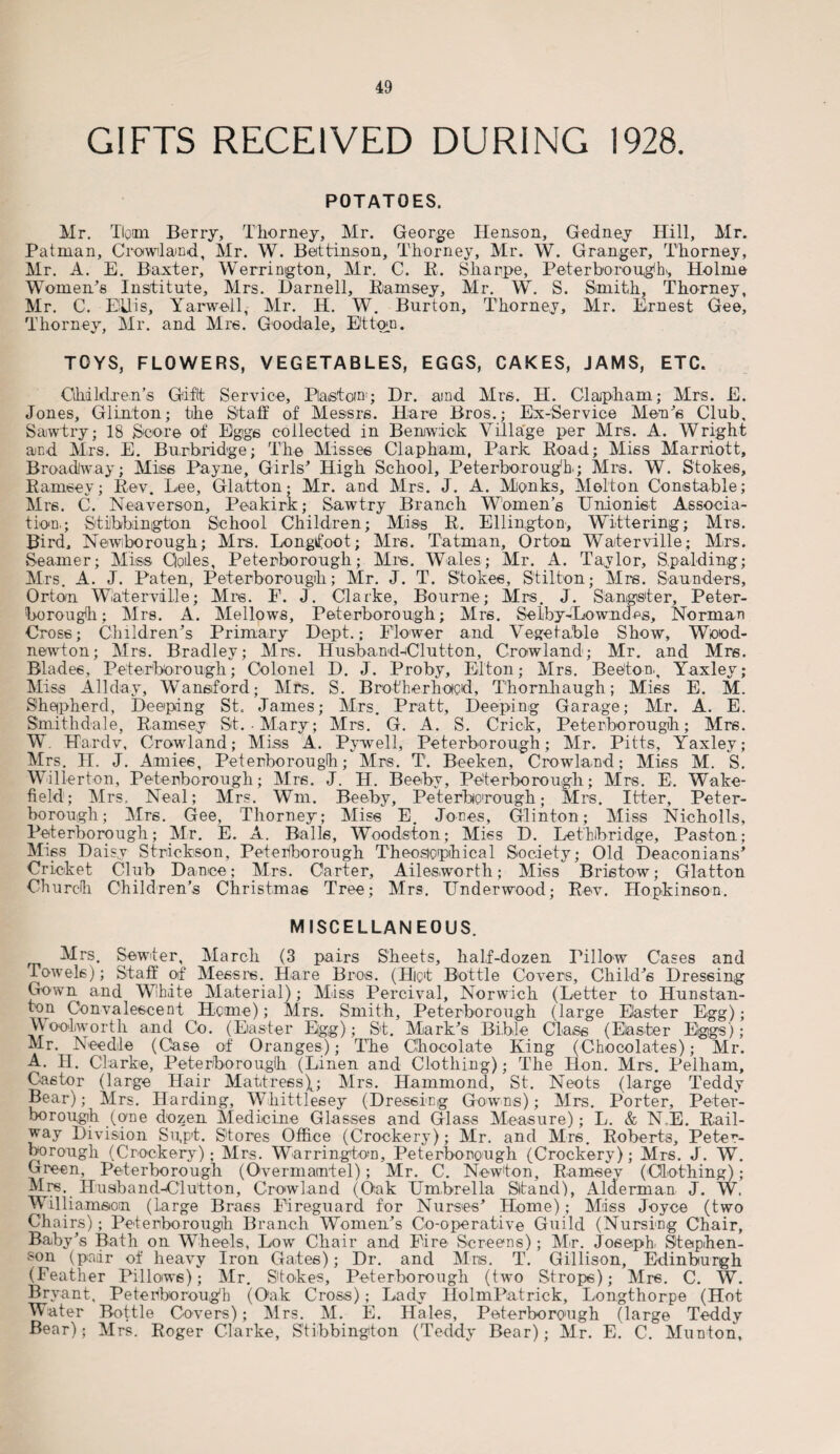 GIFTS RECEIVED DURING 1928. POTATOES. Mr. Tlqmi Berry, Thorney, Mr. George Henson, Gedney Hill, Mr. Patman, Crowland, Mr. W. Bet tin,son, Thorney, Mr. W. Granger, Thorney, Mr. A. E. Baxter, Werrington, Mr. C. R. Sharpe, Peterborough, Holme Women’s Institute, Mrs. Darnell, Ramsey, Mr. W. S. Smith, Thorney, Mr. C. Ellis, Yarwell, Mr. H. W. Burton, Thorney, Mr. Ernest Gee, Thorney, Mr. and Mrs. Goodale, Etton. TOYS, FLOWERS, VEGETABLES, EGGS, CAKES, JAMS, ETC. Children’is Gift Service, Plastoin; Dr. amd Mrs. H. Clajpham; Mrs. E. Jones, Glinton; tihe Staff of Messrs. Hare Bros.; Ex-Service Men’s Club, Saiwtry; 18 Score of Eggs collected in Benjwiok Village per Mrs. A. Wright and Mrs. E. Burbridge; The Misses Clapham, Park Road; Miss Marriott, Broadway; Miss Payne, Girls’ High School, Peterborough.; Mrs. W. Stokes, Ramsey; Rev. Lee, Glatton; Mr. and Mrs. J. A. Monks, Melton Constable; Mrs. C. Neaverson, Peakirk; Sawtry Branch Women’s Unionist Associa¬ tion.; Stilbbington School Children; Miss R. Ellington, Wittering; Mrs. Bird, Newiborough; Mrs. Longfoot; Mrs. Tatman, Orton Waterville; Mrs. Seamer; Miss Cloiles, Peterborough; Mrs. Wales; Mr. A. Taylor, Spalding; Mrs. A. J. Paten, Peterborough; Mr. J. T. Stokes, Stilton; Mrs. Saunders, Orton Waterville; Mrs. F. J. Clarke, Bourne; Mrs. J. Sangster, Peter¬ borough; Mrs. A. Mellows, Peterborough; Mrs. Seiby-Lowndes, Norman Cross; Children’s Primary Dept.; Flower and Vegetable Show, Wood- newton; Mrs. Bradley; Mrs. Husband-Glutton, Crowland; Mr. and Mrs Blades, Peterborough; Colonel D. J. Proby, Elton; Mrs. Beaton., Yaxley Miss Allday, Wansiford; Mrs. S. Brotherhood, Thornhaugh; Miss E. M Shepherd, Deeping St. James; Mrs. Pratt, Deeping Garage; Mr. A. E Smithdale, Ramsey St. • Mary; Mrs. G. A. S. Crick, Peterborough; Mrs W Ha.rdv, Crowland; Miss A. Pywell, Peterborough; Mr. Pitts, Yaxley Mrs. H. J. Amies, Peterborough; Mrs. T. Beeken, Crowland; Miss M. S Wilierton, Peterborough; Mrs. J. H. Beeby, Peterborough; Mrs. E, Wake field; Mrs.. Neal; Mrs. Wm. Beeby, Peterborough; Mrs. Itter, Peter¬ borough; Mrs. Gee, Thorney; Miss E. Jones, Glinton; Miss Nicholls, Peterborough; Mr. E. A. Balls, Woodston; Miss D. Lethbridge, Paston; Miss Daisy Strickson, Peterborough TheosiQiphical Society; Old Deaeonians’ Cricket Club Dance; Mrs. Carter, Ailesworth; Miss Bristow; Glatton Church Children’s Christmas Tree; Mrs. Underwood; Rev. Hopkinson. MISCELLANEOUS. Mrs. Sewter, March (3 pairs Sheets, half-dozen Pillow Cases and Towels); Staff of Messrs. Hare Bros. (Higt Bottle Covers, Child’s Dressing Gown and White Material); Miss Percival, Norwich (Letter to Hunstan¬ ton Convalescent Home); Mrs. Smith, Peterborough (large Easter Egg); U oolworth and Co. (Easter Egg); St. Mark’s Bible Class (Easter Eggs); Mr. Needle (Case of Oranges); The Chocolate King (Chocolates); Mr. A. H. Clarke, Peterborough (Linen and Clothing); The Hon. Mrs. Pelham, Castor (large Hair Mattress^; Mrs. Hammond, St. Neots (large Teddy Bear); Mrs. Harding, Whittlesey (Dressing Gowns); Mrs. Porter, Peter¬ borough (one dozen Medicine Glasses and Glass Measure); L. & N E. Rail¬ way Division Su,P't. Stores Office (Crockery); Mr. and Mrs. Roberts, Peter¬ borough (Crockery); Mrs. Warrington, Peterborough (Crockery); Mrs. J. W. Green, Peterborough (Overmaintel); Mr. C. Newton, Ramsev (Clothing); Mrs. Huabanddlu'tton, Crowland (Oak Umbrella Stand), Alderman J. W. Williamson (large Brass Fireguard for Nurses’ Home); Miss Joyce (two Chairs); Peterborough Branch Women’s Co-operative Guild (Nursing Chair, Baby’s Bath on Wheels, Low Chair and Fire Screens); Mr. Joseph. Stephen¬ son (pair of heavy Iron Gates); Dr. and Mrs. T. Gillison, Edinburgh (Feather Pillows); Mr. Stokes, Peterborough (two Strops); Mrs. C. W. Bryant. Peterborough (Oak Cross); Lady HolmPatrick, Longthorpe (Hot Water Bottle Covers); Mrs. M. E. Hales, Peterborough (large Teddy Bear); Mrs. Roger Clarke, Stibbington (Teddy Bear); Mr. E. C. Munton,