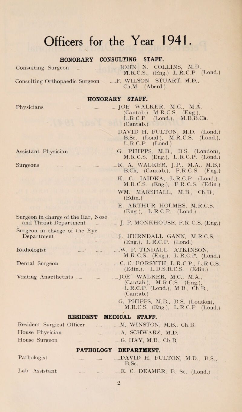 Officers for the Year 1941. HONORARY CONSULTING STAFF. Consulting Surgeon . . .JOHN N. COLLINS, M.D., M.R.C.S., (Eng.) L.R.C.P. (Lond.) Consulting Orthopaedic Surgeon .F. WILSON STUART, M.D., Ch.M. (Aberd.) HONORARY STAFF. Physicians .JOE WALKER, M.C., M.A. (Cantab.) M.R.C.S. (Eng.), L.R.C.P. (Lond.), M.B.B.Ch. (Cantab.) DAVID H. FULTON, M.D. (Lond.) B.Sc. (Lond.), M.R.C.S. (Lond.), L.R.C.P. (Lond.) Assistant Physician .G. PHIPPS, M.B., B.S. (London), M.R.C.S. (Eng.), L.R.C.P. (Lond.) Surgeons .R. A. WALKER, J.P., M.A., M.B,) B.Ch. (Cantab.), F.R.C.S. (Eng.) K. C. JAIDKA, L.R.C.P. (Lond.) M.R.C.S. (Eng.), F.R.C.S. (Edin.) WM. MARSHALL, M.B., Ch.B., (Edin.) Surgeon in charge of the Ear, Nose and Throat Department Surgeon in charge of the Eye Department Radiologist Dental Surgeon Visiting Anaethetists E. ARTHUR HOLMES, M.R.C.S. (Eng.), L.R.C.P. (Lond.) J. P. MONKHOUSE, F.R.C.S. (Eng.) J. HURNDALL GANN, M.R.C.S. (Eng.), L.R.C.P. (Lond.) ,.W. P. TINDALL ATKINSON, M.R.C.S. (Eng.), L.R.C.P. (Lond.) ..C. C. FORSYTH, L.R.C.P., L.R.C.S. (Edin.), L.D.S.R.C.S. (Edin.) JOE WALKER, M.C., M.A., (Cantab.), M.R.C.S. (Eng.), L. R.C.P. (Lond.), M.B., Ch.B., (Cantab.) G. PHIPPS, M.B., B.S. (London), M. R.C.S. (Eng.), L.R.C.P. (Lond.) RESIDENT MEDICAL STAFF. Resident Surgical Officer House Physician House Surgeon M. WINSTON, M.B,, Ch.B. A. SCHWARZ, M.D. G. HAY, M.B., Ch.B. PATHOLOGY DEPARTMENT. Pathologist .DAVID H. FULTON, M.D., B S., B.Sc. Lab. Assistant .E. C. DEAMER, B. Sc. (Lond.) o