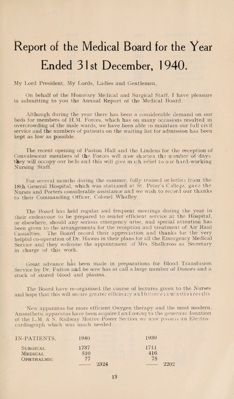 Report of the Medical Board for the Year Ended 31 st December, 1 940. My Lord President, My Lords, Ladies and Gentlemen, On behalf of the Honorary Medical and Surgical Staff, I have pleasure in submitting to you the Annual Report of the Medical Board. Although during the year there has been a considerable demand on our beds for members of H.M. Forces, which has on many occasions resulted in overcrowding of the male wards, we have been able to maintain our full civil service and the numbers of patients on the waiting list for admission has been kept as low as possible. The recent opening of Paston Hall and the Lindens for the reception of Convalescent members of the Forces will now shorten the number of days they will occupy our beds and this will give much relief to o ir hard-working Nursing Staff. For several months during the summer, fully trained orderlies from the 18th General Hospital, which was stationed at St. Peter’s College, gave the Nurses and Porters considerable assistance and we wish to record our thanks to their Commanding Officer, Colonel Whalley. The Board has held regular and frequent meetings during the year in their endeavour to be prepared to render efficient service at the Hospital, or elsewhere, should any serious emergency arise, and special attention has been given to the arrangements for the reception and treatment of Air Raid Casualties. The Board record their appreciation and thanks for the very helpful co-operation of Dr. Hawes in their plans for all the Emergency Medical Service and they welcome the appointment of Mrs. Shallcross as Secretary in charge of this work. Great advance has been made in preparations for Blood Transfusion Service by Dr. Fulton and he now has at call a large number of Donors and a stock of stored blood and plasma. The Board have re-organised the course of lectures given to the Nurses and hope that this will secure greater efficiency and bcttere £ a, mi nation results New apparatus for more efficient Oxygen therapy and the most modern. Anaesthetic apparatus have been acquired and owing to the generous donation of the L.M. & S. Railway Motive Power Section we now possess an Electro¬ cardiograph which was much needed. IN-PATIENTS. 1940 1939 Surgical 1737 1711 Medical 510 416 Ophthalmic 77 75 2324