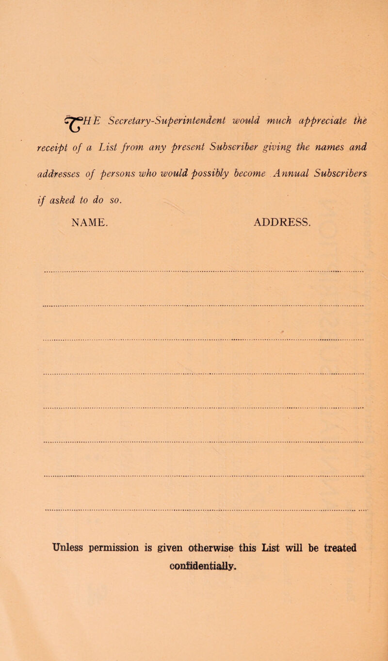 VHE Secretary-Superintendent would much appreciate the receipt of a List from any present Subscriber giving the names and addresses of persons who would possibly become Annual Subscribers if asked to do so. NAME. ADDRESS. Unless permission is given otherwise this List will be treated confidentially.