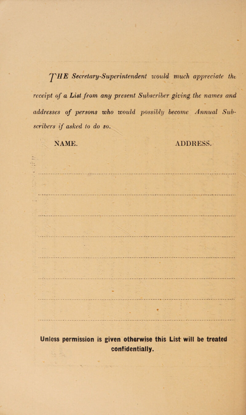 rpHE Secretary-Superintendent would much appreciate the receipt of a List from any present Subscriber giving the names and addresses of persons who would possibly become Annual Sub¬ scribers if asked to do so. NAME. ADDRESS. Unless permission is given otherwise this List will be treated confidentially.