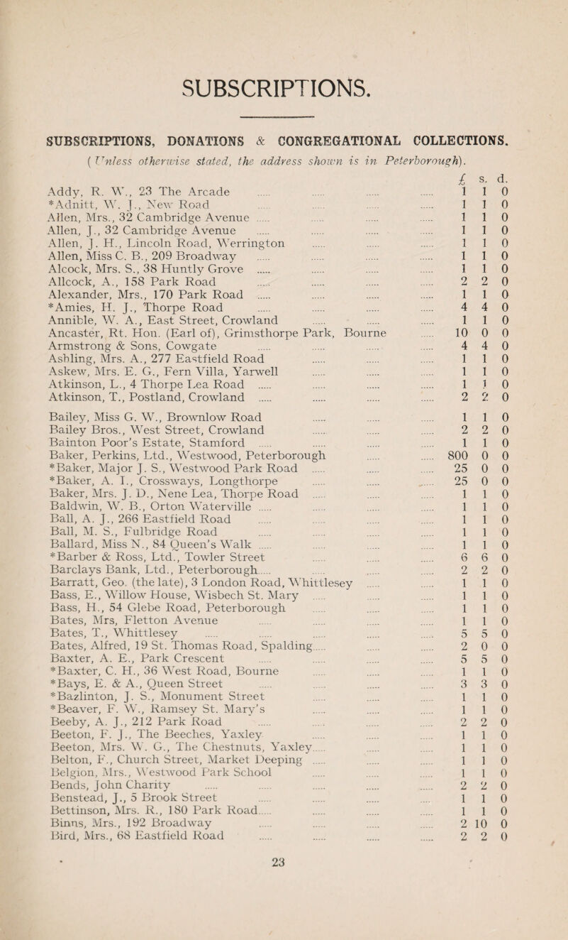 SUBSCRIPTIONS. SUBSCRIPTIONS, DONATIONS & CONGREGATIONAL COLLECTIONS. ( Unless otherwise stated, the address shown is in Peterborough). £ s. d. Addy, R. W., 23 The Arcade . ... . 1 1 0 *Adnitt, W. J., New Road . .... . . 110 Allen, Mrs., 32 Cambridge Avenue . 1 1 0 Allen, J., 32 Cambridge Avenue . 1 1 0 Allen, J. H., Lincoln Road, Werrington . 1 1 0 Allen, Miss C. B., 209 Broadway . . . . 110 Alcock, Mrs. S., 38 Huntly Grove . . . . 110 Allcock, A., 158 Park Road 2 2 0 Alexander, Mrs., 170 Park Road . . . . 110 * Amies, H. J., Thorpe Road . 4 4 0 Annible, W. A., East Street, Crowland . . . 110 Ancaster, Rt. Hon. (Earl of), Grimsthorpe Park, Bourne . 10 0 0 Armstrong & Sons, Cowgate 4 4 0 Ashling, Mrs. A., 277 Eastfield Road . . . 110 Askew, Mrs. E. G., Fern Villa, Yarwell . . . 110 Atkinson, L., 4 Thorpe Lea Road . 1 1 0 Atkinson, T., Postland, Crowland . 2 2 0 Bailey, Miss G. W., Brownlow Road . . . 110 Bailey Bros., West Street, Crowland 2 2 0 Bainton Poor’s Estate, Stamford . . . . 110 Baker, Perkins, Ltd., Westwood, Peterborough 800 0 0 *Baker, Major J. S., Westwood Park Road . 25 0 0 * Baker, A. I., Crossways, Longthorpe . 25 0 0 Baker, Mrs. J. D., Nene Lea, Thorpe Road . . . 110 Baldwin, W. B., Orton. Waterville . 1 1 0 Ball, A. J., 266 Eastfield Road . . . . 110 Ball, M. S., Fulbridge Road 1 1 0 Ballard, Miss N., 84 Queen’s Walk . . . . 110 * Barber & Ross, Ltd., Towler Street 6 6 0 Barclays Bank, Ltd., Peterborough. 2 2 0 Barratt, Geo. (the late), 3 London Road, Whittlesey . . 110 Bass, E., Willow House, Wisbech St. Mary . . . 110 Bass, H., 54 Glebe Road, Peterborough . 1 1 0 Bates, Mrs, Fletton Avenue . . . . 110 Bates, T., Whittlesey . 5 5 0 Bates, Alfred, 19 St. Thomas Road, Spalding. 2 0 0 Baxter, A. E., Park Crescent . 5 5 0 ^Baxter, C. H., 36 West Road, Bourne . . . 110 *Bays, E. & A., Queen Street . 3 3 0 *Bazlinton, J. S., Monument Street . . . 110 *Beaver, F. W., Ramsey St. Mary’s 1 1 0 Beeby, A. J., 212 Park Road . ... . . 2 2 0 Beeton, F. J., The Beeches, Yaxley 1 1 0 Beeton, Mrs. W. G., The Chestnuts, Yaxley. . . 110 Belton, F., Church Street, Market Deeping . 1 ] 0 Belgion, Mrs., Westwood Park School . . . 110 Bends, J ohn Charity . 2 2 0 Benstead, J., 5 Brook Street . . . .... 110 Bettinson, Mrs. R., 180 Park Road. 1 1 0 Binns, Mrs., 192 Broadway 2 10 0 Bird, Mrs., 68 Eastfield Road . 2 2 0