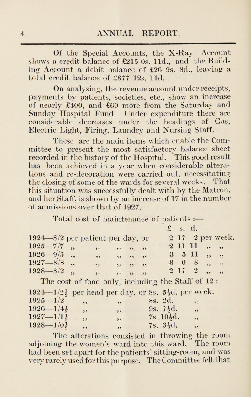 Of the Special Accounts, the X-Ray Account shows a credit balance of £215 Os. lid., and the Build¬ ing Account a debit balance of £26 9s. 8d., leaving a total credit balance of £877 12s. lid. On analysing, the revenue account under receipts, payments by patients, societies, etc., show an increase of nearly £400, and ^£60 more from the Saturday and Sunday Hospital Fund. Under expenditure there are considerable decreases under the headings of Gas, Electric Light, Firing, Laundry and Nursing Staff. These are the main items which enable the Com¬ mittee to present the most satisfactory balance sheet recorded in the history of the Hospital. This good result has been achieved in a year when considerable altera¬ tions and re-decoration were carried out, necessitating the closing of some of the wards for several weeks. That this situation was successfully dealt with by the Matron, and her Staff, is shown by an increase of 17 in the number of admissions over that of 1927. Total cost of maintenance of patients :— £ s. d. 1924—8/2 per patient per day, or 1925— 7/7 „ 1926— 9/5 „ 1927— 8/8 „ 1928— 8/2 „ 99 99 99 99 99 9 9 99 99 99 99 99 99 99 9 9 99 99 2 17 2 per week. 2 11 11 „ 3 5 11 3 0 8 2 17 2 99 99 99 99 99 9 9 The cost of food only, including the Staff of 12 : 1924- 1925- 1926- 1927- 1928- -1/21 -1/2 -1/4J -i/H -i/oj per head per day, or 8s. 8s. 9s. 7s 7s. 99 99 99 99 99 5|d. per week. 2d. 99 7|d. lOjd. 3 Jd. 99 99 9 9 99 The alterations consisted in throwing the room adjoining the women’s ward into this ward. The room had been set apart for the patients’ sitting-room, and was very rarely used for this purpose. The Committee felt that