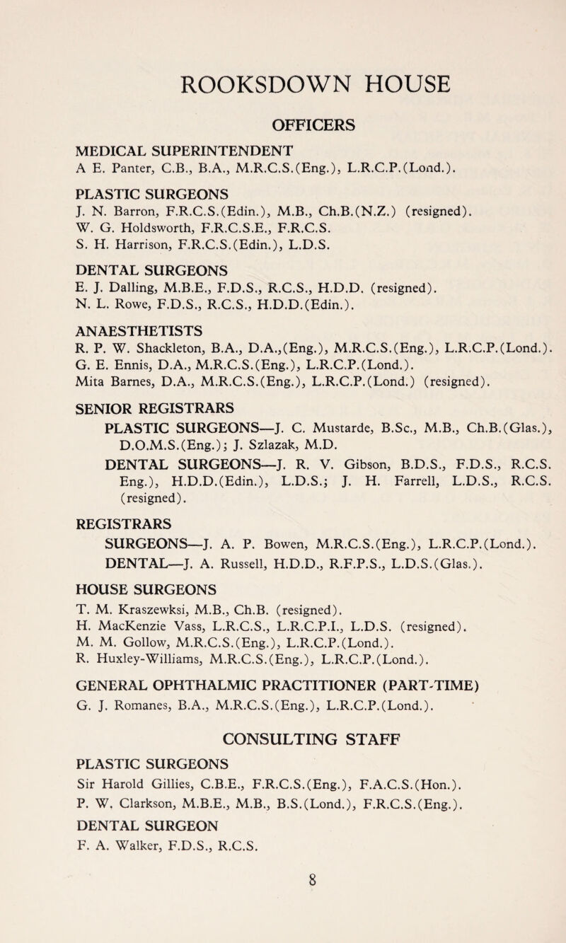 ROOKSDOWN HOUSE OFFICERS MEDICAL SUPERINTENDENT A E. Panter, C.B., B.A., M.R.C.S.(Eng.), L.R.C.P.(Lond.). PLASTIC SURGEONS J. N. Barron, F.R.C.S.(Edin.), M.B., Ch.B.(N.Z.) (resigned). W. G. Holdsworth, F.R.C.S.E., F.R.C.S. S. H. Harrison, F.R.C.S.(Edin.), L.D.S. DENTAL SURGEONS E. J. Dalling, M.B.E., F.D.S., R.C.S., H.D.D. (resigned). N. L. Rowe, F.D.S., R.C.S., H.D.D.(Edin.). ANAESTHETISTS R. P. W. Shackleton, B.A., D.A.,(Eng.), M.R.C.S.(Eng.), L.R.C.P.(Lond.). G. E. Ennis, D.A., M.R.C.S.(Eng.), L.R.C.P.(Lond.). Mita Barnes, D.A., M.R.C.S.(Eng.), L.R.C.P.(Lond.) (resigned). SENIOR REGISTRARS PLASTIC SURGEONS—J. C. Mustarde, B.Sc., M.B., Ch.B.(Glas.), D.O.M.S.(Eng.); J. Szlazak, M.D. DENTAL SURGEONS—J. R. V. Gibson, B.D.S., F.D.S., R.C.S. Eng.), H.D.D.(Edin.), L.D.S.j J. H. Farrell, L.D.S., R.C.S. (resigned). REGISTRARS SURGEONS—J. A. P. Bowen, M.R.C.S.(Eng.), L.R.C.P.(Lond.). DENTAL—J. A. Russell, H.D.D., R.F.P.S., L.D.S.(Glas.). HOUSE SURGEONS T. M. Kraszewksi, M.B., Ch.B. (resigned), H. MacKenzie Vass, L.R.C.S., L.R.C.P.I., L.D.S. (resigned). M. M. Gollow, M.R.C.S.(Eng.), L.R.C.P.(Lond.). R. Huxley-Williams, M.R.C.S.(Eng.), L.R.C.P.(Lond.). GENERAL OPHTHALMIC PRACTITIONER (PART-TIME) G. J. Romanes, B.A., M.R.C.S.(Eng.), L.R.C.P.(Lond.). CONSULTING STAFF PLASTIC SURGEONS Sir Harold Gillies, C.B.E., F.R.C.S.(Eng.), F.A.C.S.(Hon.). P. W. Clarkson, M.B.E., M.B., B.S.(Lond.), F.R.C.S.(Eng.). DENTAL SURGEON F. A. Walker, F.D.S., R.C.S.