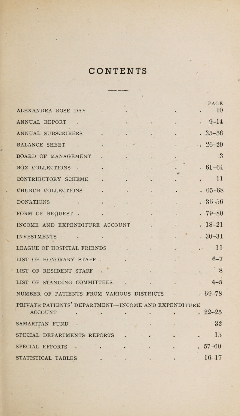 CONTENTS PAGE ALEXANDRA ROSE DAY . 10 ANNUAL REPORT ...... 9-14 ANNUAL SUBSCRIBERS ..... 35-56 BALANCE SHEET . . . - . . 26-29 BOARD OF MANAGEMENT .... 3 box collections ...... 61-64 CONTRIBUTORY SCHEME . . . . .11 CHURCH COLLECTIONS . • . . .65-68 DONATIONS . . . . . .35-56 FORM OF BEQUEST .... . 79-80 INCOME AND EXPENDITURE ACCOUNT . - . 18-21 INVESTMENTS ...... 30-31 LEAGUE OF HOSPITAL FRIENDS . . . .11 LIST OF HONORARY STAFF . . . 6-7 LIST OF RESIDENT STAFF . . . . . * 8 LIST OF STANDING COMMITTEES .... 4-5 NUMBER OF PATIENTS FROM VARIOUS DISTRICTS . . 69-78 PRIVATE PATIENTS’ DEPARTMENT—INCOME AND EXPENDITURE ACCOUNT ...... 22-25 SAMARITAN FUND . .... 32 SPECIAL DEPARTMENTS REPORTS . . . .15 SPECIAL EFFORTS ...... 57-60 STATISTICAL TABLES ..... 16-17