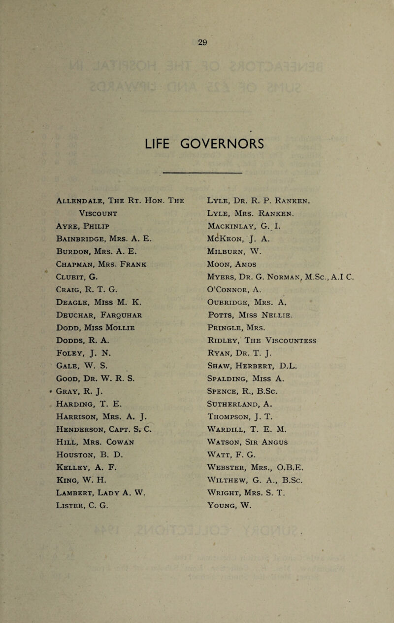 LIFE GOVERNORS Allendale, The Rt. Hon. The Viscount Ayre, Philip Bainbridge, Mrs. A. E. Burdon, Mrs. A. E. Chapman, Mrs. Frank Clueit, G. Craig, R. T. G. Deagle, Miss M. K. Deuchar, Farquhar Dodd, Miss Mollie Dodds, R. A. Foley, J. N. Gale, W. S. Good, Dr. W. R. S. • Gray, R. J. Harding, T. E. Harrison, Mrs. A. J. Henderson, Capt. S. C. Hill, Mrs. Cowan Houston, B. D. Kelley, A. F. King, W. H. Lambert, Lady A. W. Lister, C. G. Lyle, Dr. R. P. Ranken. Lyle, Mrs. Ranken. Mackinlay, G. I. McKeon, J. A. Milburn, W. Moon, Amos Myers, Dr. G. Norman, M.Sc., A.I C. O’Connor, A. Oubridge, Mrs. A. Potts, Miss Nellie. Pringle, Mrs. Ridley, The Viscountess Ryan, Dr. T. J. Shaw, Herbert, D.L. Spalding, Miss A. Spence, R., B.Sc. Sutherland, A. Thompson, J. T. Wardill, T. E. M. Watson, Sir Angus Watt, F. G. Webster, Mrs., O.B.E. Wilthew, G. A., B.Sc. Wright, Mrs. S. T. Young, W.