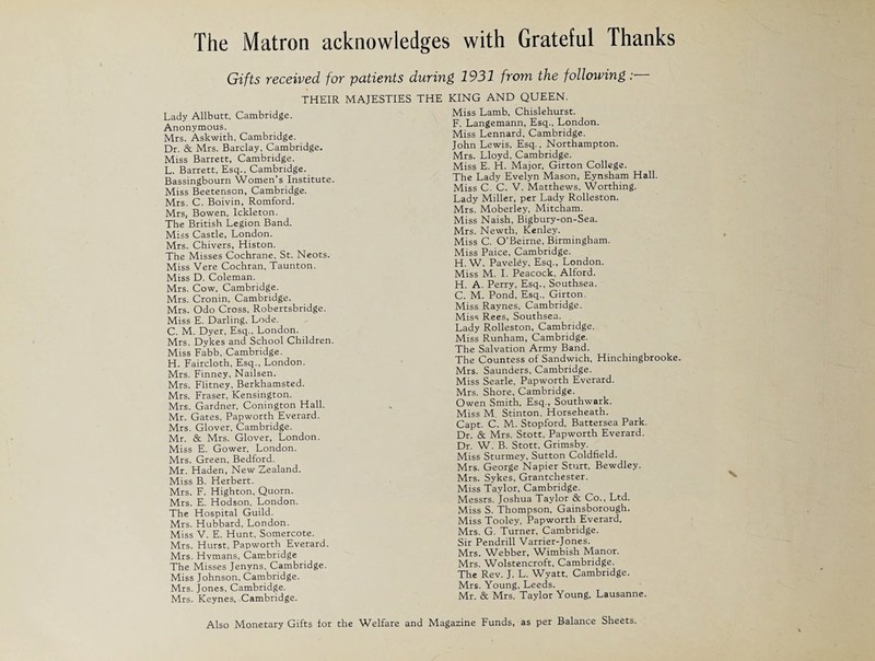 The Matron acknowledges with Grateful Thanks Gifts received for patients during 1931 from the following THEIR MAJESTIES THE Lady Allbutt, Cambridge. Anonymous. Mrs. Askwith, Cambridge. Dr. & Mrs. Barclay, Cambridge. Miss Barrett, Cambridge. L. Barrett, Esq., Cambridge. Bassingbourn Women’s Institute. Miss Beetenson, Cambridge. Mrs. C. Boivin, Romford. Mrs, Bowen. Ickleton. The British Legion Band. Miss Castle, London. Mrs. Chivers, Histon. The Misses Cochrane, St. Neots. Miss Vere Cochran, Taunton. Miss D. Coleman. Mrs. Cow, Cambridge. Mrs. Cronin, Cambridge. Mrs. Odo Cross, Robertsbridge. Miss E. Darling, Lode. C. M. Dyer, Esq., London. Mrs. Dykes and School Children. Miss Fabb, Cambridge. H. Faircloth, Esq., London. Mrs. Finney, Nailsen. Mrs. Flitncy, Berkhamsted. Mrs. Fraser, Kensington. Mrs. Gardner, Conington Hall. Mr. Gates, Papworth Everard. Mrs. Glover, Cambridge. Mr. & Mrs. Glover, London. Miss E. Gower, London. Mrs. Green, Bedford. Mr. Haden, New Zealand. Miss B. Herbert. Mrs. F. Highton, Quorn. Mrs. E. Hodson, London. The Hospital Guild. Mrs. Hubbard, London. Miss V. E. Hunt, Somercote. Mrs. Hurst, Papworth Everard. Mrs. Hymans, Cambridge The Misses Jenyns, Cambridge. Miss Johnson, Cambridge. Mrs. Jones, Cambridge. Mrs. Keynes. Cambridge. KING AND QUEEN. Miss Lamb, Chislehurst. F. Langemann, Esq., London. Miss Lennard, Cambridge. John Lewis, Esq., Northampton. Mrs. Lloyd, Cambridge. Miss E. H. Major, Girton College. The Lady Evelyn Mason, Eynsham Hall. Miss C. C. V. Matthews, Worthing. Lady Miller, per Lady Rolleston. Mrs. Moberley, Mitcham. Miss Naish, Bigbury-on-Sea. Mrs. Newth, Kenley. Miss C. O’Beirne, Birmingham. Miss Paice, Cambridge. H. W. Paveley, Esq., London. Miss M. I. Peacock, Alford. H. A. Perry, Esq., Southsea. C. M. Pond, Esq., Girton. Miss Raynes, Cambridge. Miss Rees, Southsea. Lady Rolleston, Cambridge. Miss Runham, Cambridge. The Salvation Army Band. The Countess of Sandwich, Hinchingbrooke Mrs. Saunders, Cambridge. Miss Searle, Papworth Everard. Mrs. Shore, Cambridge. Owen Smith, Esq., Southwark. Miss M. Stinton. Horseheath. Capt. C. M. Stopford, Battersea Park. Dr. & Mrs. Stott, Papworth Everard. Dr. W. B. Stott, Grimsby. Miss Sturmey, Sutton Coldfield. Mrs. George Napier Sturt, Bewdley. Mrs. Sykes, Grantchester. Miss Taylor, Cambridge. Messrs. Joshua Taylor & Co., Ltd. Miss S. Thompson, Gainsborough. Miss Tooley, Papworth Everard. Mrs. G. Turner, Cambridge. Sir Pendrill Varrier-Jones. Mrs. Webber, Wimbish Manor. Mrs. Wolstencroft, Cambridge. The Rev. J. L. Wyatt, Cambridge. Mrs. Young, Leeds. Mr. & Mrs. Taylor Young, Lausanne. Also Monetary Gifts for the Welfare and Magazine Funds, as per Balance Sheets.
