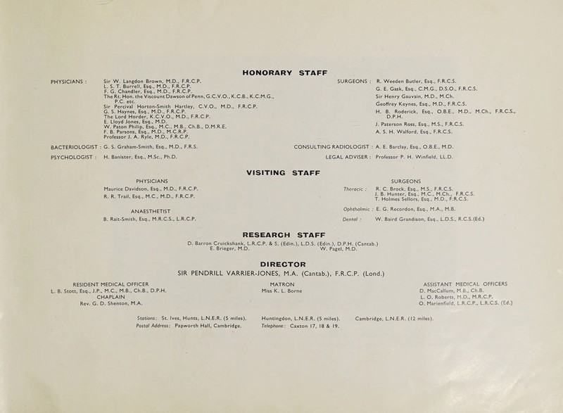 HONORARY STAFF PHYSICIANS : Sir W. Langdon Brown, N.D., F.R.C.P. L. S. T. Burrell. Esq., M.D., F.R.C.P. F. G. Chandler, Esq., M.D., F.R.C.P. The Rt. Hon. the Viscount Dawson of Penn, G.C.V.O., K.C.B., K.C.M.G., P.C. etc. Sir Percival Horton-Smith Hartley, C.V.O., M.D., F.R.C.P. G. S. Haynes, Esq., M.D., F.R.C.P. The Lord Horder, K.C.V.O.. M.D.. F.R.C.P. E. Lloyd Jones, Esq., M.D. W. Paton Philip. Esq., M.C.. M.B.. Ch.B., D.M.R.E. F. B. Parsons, Esq., M.D., M.C.R.P. Professor J. A. Ryle, M.D., F.R.C.P. bacteriologist : G. S. Graham-Smith, Esq., M.D., F.R.S. PSYCHOLOGIST : H. Banister. Esq., M.Sc., Ph.D. VISITING PHYSICIANS Maurice Davidson, Esq., M.D., F.R.C.P. R. R. Trail, Esq., M.C , M.D., F.R.C.P. ANAESTHETIST B. Rait-Smith, Esq., M.R.C.S., L.R.C.P. SURGEONS : R. Weeden Butler, Esq., F.R.C.S. G. E. Gask, Esq., C.M.G., D.S.O., F.R.C.S. Sir Henry Gauvain, M.D., M.Ch. Geoffrey Keynes, Esq., M.D., F.R.C.S. H. B. Roderick, Esq., O.B.E., M.D., M.Ch., F.R.C.S., D.P.H. J. Paterson Ross, Esq., M.S., F.R.C.S. A. S. H. Walford, Esq., F.R.C.S. CONSULTING RADIOLOGIST : A. E. Barclay, Esq., O.B.E., M.D. LEGAL ADVISER : Professor P. H. Winfield, LL.D. STAFF SURGEONS Thoracic : R. C. Brock, Esq., M.S., F.R.C.S. J. B. Hunter, Esq., M.C., M.Ch., F.R.C.S. T. Holmes SeMors, Esq., M.D., F.R.C.S. Ophthalmic : E. G. Recordon, Esq., M.A., M.B. Dental : W. Baird Grandison, Esq., L.D.S.. R.C.S.(Ed.) RESEARCH STAFF D. Barron Cruickshank, L.R.C.P. & S. (Edin.), L.D.S. (Edin.), D.P.H. (Cantab.) E. Brieger, M.D. W. Pagel, M.D. DIRECTOR SIR PENDRILL VARRIER-JONES, M.A. (Cantab.), F.R.C.P. (Lond.) RESIDENT MEDICAL OFFICER L. B. Stott, Esq., J.P., M.C.. M.B.. Ch.B., D.P.H CHAPLAIN Rev. G. D. Shenton, M.A. MATRON Miss K. L. Borne ASSISTANT MEDICAL OFFICERS D. MacCallum, M.B., Ch.B. L. O. Roberts. M.D., M.R.C.P. Stations: St. Ives, Hunts, L.N.E.R. (5 miles). Postal Address: Papworth Hall, Cambridge. Huntingdon, L.N.E.R. (5 miles). Telephone: Caxton 17, 18 & 19. Cambridge, L.N.E.R. (12 miles).