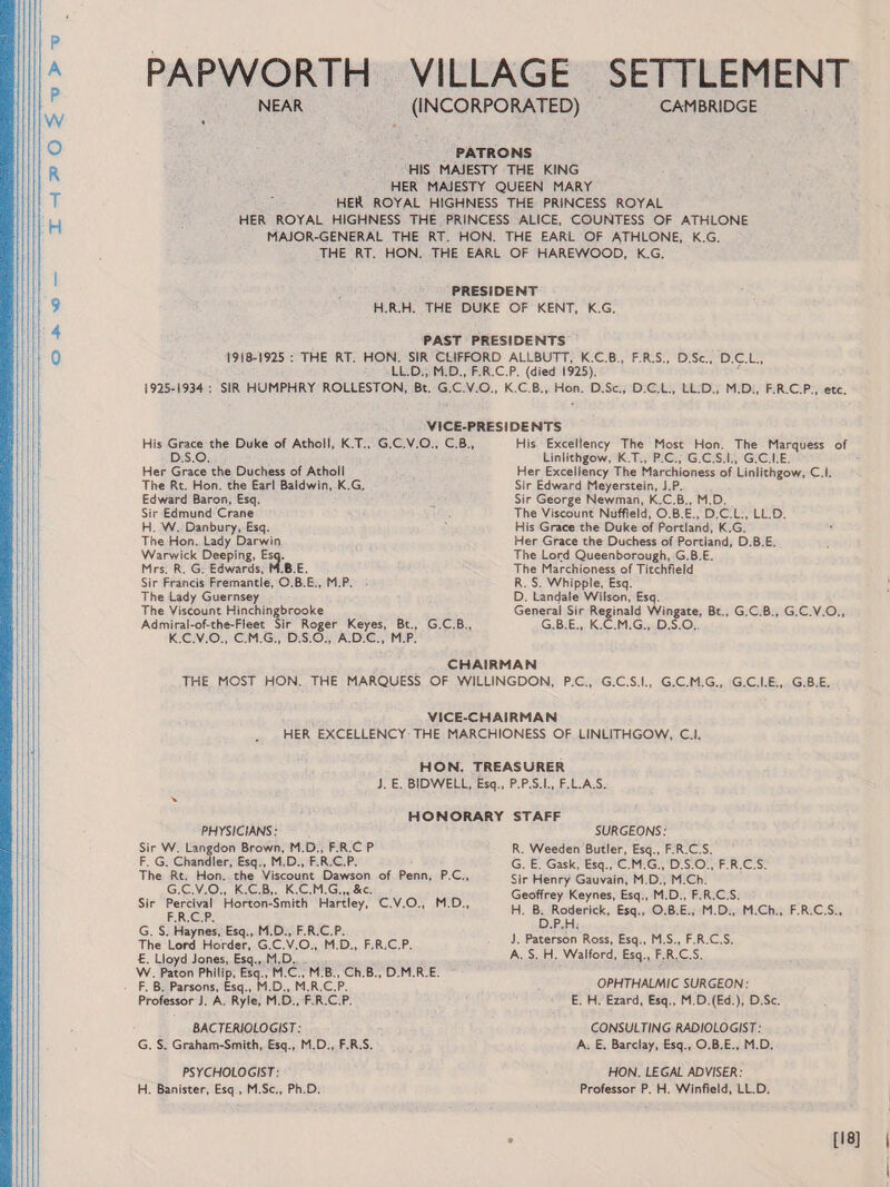 PAPWORTH NEAR VILLAGE (INCORPORATED) SETTLEMENT CAMBRIDGE PATRONS HIS MAJESTY THE KING HER MAJESTY QUEEN MARY HER ROYAL HIGHNESS THE PRINCESS ROYAL HER ROYAL HIGHNESS THE PRINCESS ALICE, COUNTESS OF ATHLONE MAJOR-GENERAL THE RT, HON. THE EARL OF ATHLONE, K.G. THE RT. HON. THE EARL OF HAREWOOD, K.G. PRESIDENT H.R.H. THE DUKE OF KENT, K.G. PAST PRESIDENTS 1918-1925 : THE RT. HON. SIR CLIFFORD ALLBUTT, K.C.B , F.R.S., D.Sc., D.C.L., LL.D., M.D., F.R.C.P. (died 1925). 1925-1934 : SIR HUMPHRY ROLLESTON, Bt. G.C.V.O., K.C.B., Hon. D.Sc., D.C.L., LL.D., M.D., F.R.C.P., etc. VICE-PRESIDENTS His Grace the Duke of Atholl, K.T., G.C.V.O., C.B., D.S.O. Her Grace the Duchess of Atholl The Rt. Hon. the Earl Baldwin, K.G. Edward Baron, Esq. Sir Edmund Crane H. W. Danbury, Esq. The Hon. Lady Darwin Warwick Deeping, Esq. Mrs. R. G. Edwards, M.B.E. Sir Francis Fremantle, O.B.E., M.P. The Lady Guernsey The Viscount Hinchingbrooke Admiral-of-the-Fleet Sir Roger Keyes, Bt., G.C.B., K.C.V.O., C.M.G., D.S.O., A.D.C., M.P. His Excellency The Most Hon. The Marquess of Linlithgow, K.T., P.C., G.C.S.I.. G.C.I.E. Her Excellency The Marchioness of Linlithgow, C.l. Sir Edward Meyerstein, J.P. Sir George Newman, K.C.B., M.D. The Viscount Nuffield, O.B.E., D.C.L., LL.D. His Grace the Duke of Portland, K.G. Her Grace the Duchess of Portland, D.B.E. The Lord Queenborough, G.B.E. The Marchioness of Titchfield R. S. Whipple, Esq. D. Landale Wilson, Esq. General Sir Reginald Wingate, Bt., G.C.B., G.C.V.O., G.B.E., K.C.M.G., D.S.O. CHAIRMAN THE MOST HON. THE MARQUESS OF WILLINGDON, P.C., G.C.S.I., G.C.M.G., G.C.I.E., G.B.E. VICE-CHAIRMAN HER EXCELLENCY THE MARCHIONESS OF LINLITHGOW, C.l. HON. TREASURER J. E. BIDWELL, Esq., P.P.S.I., F.L.A.S. PHYSICIANS: Sir W. Langdon Brown, M.D., F.R.C P HONORARY STAFF SURGEONS: R. Weeden Butler, Esq., F.R.C.S. F. G. Chandler, Esq., M.D., F.R.C.P. The Rt. Hon. the Viscount Dawson of Penn, P.C., G.C.V.O., K.C.B,. K.C.M.G.,, &c. Sir Percival Horton-Smith Hartley, C.V.O., M.D., F.R.C.P. G. S. Haynes, Esq., M.D., F.R.C.P. The Lord Horder, G.C.V.O., M.D., F.R.C.P. £. Lloyd Jones, Esq., M.D. W. Paton Philip, Esq., M.C., M.B., Ch.B., D.M.R.E. F. B. Parsons, Esq., M.D., M.R.C.P. Professor J. A. Ryle, M.D., F.R.C.P. BACTERIOLOGIST: G. S. Graham-Smith, Esq., M.D., F.R.S. PSYCHOLOGIST: H. Banister, Esq , M.Sc., Ph.D. G. E. Gask, Esq., C.M.G., D.S.O., F.R.C.S. Sir Henry Gauvain, M.D., M.Ch. Geoffrey Keynes, Esq., M.D., F.R.C.S. H. B. Roderick, Esq., O.B.E., M.D., M.Ch., F.R.C.S., D.P.H. J. Paterson Ross, Esq., M.S., F.R.C.S. A. S. H. Walford, Esq., F.R.C.S. OPHTHALMIC SURGEON: E. H. Ezard, Esq., M.D.(Ed.), D.Sc. CONSULTING RADIOLOGIST: A. E. Barclay, Esq., O.B.E., M.D. HON. LEGAL ADVISER: Professor P. H. Winfield, LL.D. [18]