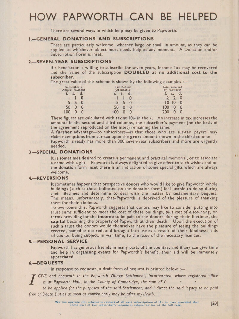 HOW PAPWORTH CAN BE HELPED There are several ways in which help may be given to Papworth. I.—GENERAL DONATIONS AND SUBSCRIPTIONS These are particularly welcome, whether large or small in amount, as they can be applied to whichever object most needs help at any moment. A Donation and/6r Subscription Form is inset. 2.—SEVEN-YEAR SUBSCRIPTIONS If a benefactor is willing to subscribe for seven years, Income Tax may be recovered and the value of the subscription DOUBLED at no additional cost to the subscriber. The great value of this scheme is shown by the following examples :— Subscriber's Annual Payment £ s. d. I I 0 5 5 0 50 0 0 100 0 0 Tax Refund Obtainable £ s. d. I I 0 5 5 0 50 0 0 100 0 0 Total received by Papworth £ s. d. 2 2 0 10 10 0 100 0 0 200 0 0 These figures are calculated with tax at 10/- in the £. An increase in tax increases the amounts in the second and third columns, the subscriber’s payment (on the basis of the agreement reproduced on the inset) remaining the same. A further advantage—to subscribers—is that those who are sur-tax payers may claim exemptions from sur-tax upon the gross amount shown in the third column. Papworth already has more than 300 seven-year subscribers and more are urgently needed. 3—SPECIAL DONATIONS It is sometimes desired to create a permanent and practical memorial, or to associate a name with a gift. Papworth is always delighted to give effect to such wishes and on the donation form inset there is an indication of some special gifts which are always welcome. 4. —REVERSIONS It sometimes happens that prospective donors who would like to give Papworth whole buildings (such as those indicated on the donation form) feel unable to do so during their lifetimes and determine to deal with the matter by testamentary bequest. This means, unfortunately, that-Papworth is deprived of the pleasure of thanking them for their kindness. To overcome this, Papworth suggests that donors may like to consider putting into trust sums sufficient to meet the cost of these buildings, plus cost of discounting, on terms providing for the income to be paid to the donors during their lifetimes, the capital becoming the property of Papworth at their death. Upon the execution of such a trust the donors would themselves have the pleasure of seeing the buildings erected, named as desired, and brought into use as a result of their kindness: this of course, being subject, in war time, to the issue of the necessary licences. 5. —PERSONAL SERVICE Papworth has generous friends in many parts of the country, and if any can give time and help in organising events for Papworth's benefit, their aid will be immensely appreciated. 6. —BEQUESTS In response to requests, a draft form of bequest is printed below :— /GIVE and bequeath to the Papworth Village Settlement, Incorporated, whose registered office is at Papworth Hall, in the County of Cambridge, the sum of £ to be applied for the purposes of the said Settlement, and I direct the said legacy to be paid free of Death Duties as soon as conveniently may be after my death. We can operate this scheme in resoect of all nett subscriptions of 10 - or over provided that some part of the subscriber's income is subject to tax at the full rate. [20]