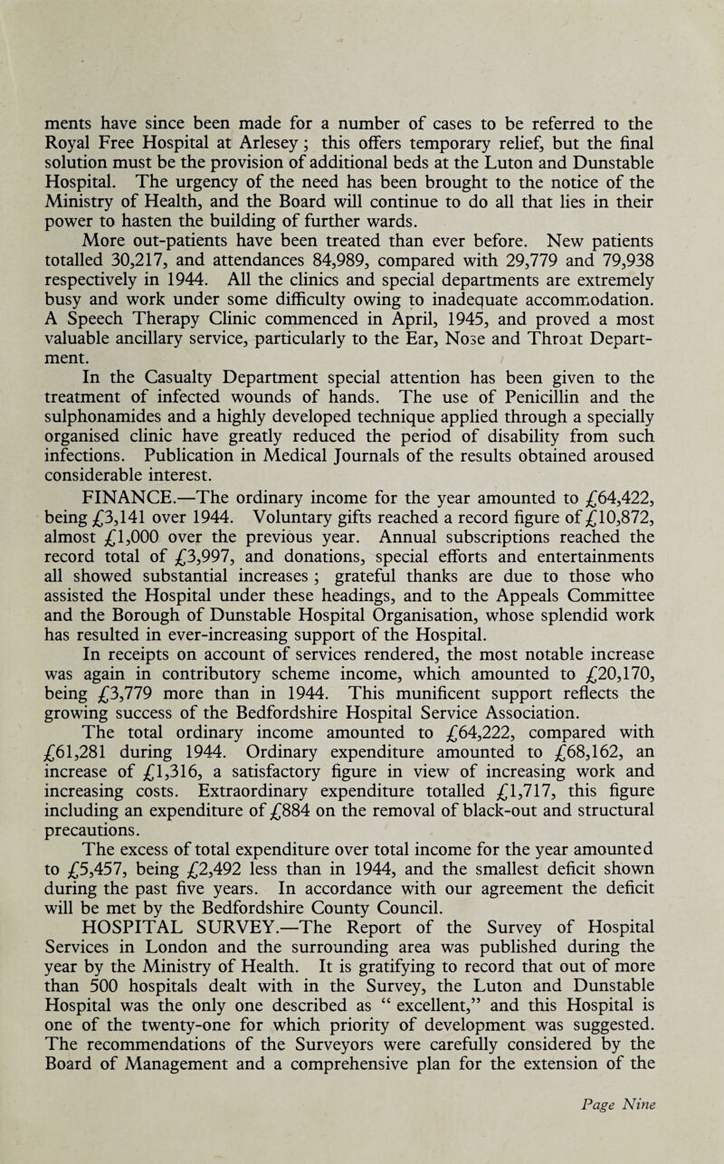 ments have since been made for a number of cases to be referred to the Royal Free Hospital at Arlesey; this offers temporary relief, but the final solution must be the provision of additional beds at the Luton and Dunstable Hospital. The urgency of the need has been brought to the notice of the Ministry of Health, and the Board will continue to do all that lies in their power to hasten the building of further wards. More out-patients have been treated than ever before. New patients totalled 30,217, and attendances 84,989, compared with 29,779 and 79,938 respectively in 1944. All the clinics and special departments are extremely busy and work under some difficulty owing to inadequate accommodation. A Speech Therapy Clinic commenced in April, 1945, and proved a most valuable ancillary service, particularly to the Ear, Nose and Throat Depart¬ ment. In the Casualty Department special attention has been given to the treatment of infected wounds of hands. The use of Penicillin and the sulphonamides and a highly developed technique applied through a specially organised clinic have greatly reduced the period of disability from such infections. Publication in Medical Journals of the results obtained aroused considerable interest. FINANCE.—The ordinary income for the year amounted to £64,422, being £3,141 over 1944. Voluntary gifts reached a record figure of £10,872, almost £1,000 over the previous year. Annual subscriptions reached the record total of £3,997, and donations, special efforts and entertainments all showed substantial increases ; grateful thanks are due to those who assisted the Hospital under these headings, and to the Appeals Committee and the Borough of Dunstable Hospital Organisation, whose splendid work has resulted in ever-increasing support of the Hospital. In receipts on account of services rendered, the most notable increase was again in contributory scheme income, which amounted to £20,170, being £3,779 more than in 1944. This munificent support reflects the growing success of the Bedfordshire Hospital Service Association. The total ordinary income amounted to £64,222, compared with £61,281 during 1944. Ordinary expenditure amounted to £68,162, an increase of £1,316, a satisfactory figure in view of increasing work and increasing costs. Extraordinary expenditure totalled £1,717, this figure including an expenditure of £884 on the removal of black-out and structural precautions. The excess of total expenditure over total income for the year amounted to £5,457, being £2,492 less than in 1944, and the smallest deficit shown during the past five years. In accordance with our agreement the deficit will be met by the Bedfordshire County Council. HOSPITAL SURVEY.—The Report of the Survey of Hospital Services in London and the surrounding area was published during the year by the Ministry of Health. It is gratifying to record that out of more than 500 hospitals dealt with in the Survey, the Luton and Dunstable Hospital was the only one described as “ excellent,” and this Hospital is one of the twenty-one for which priority of development was suggested. The recommendations of the Surveyors were carefully considered by the Board of Management and a comprehensive plan for the extension of the