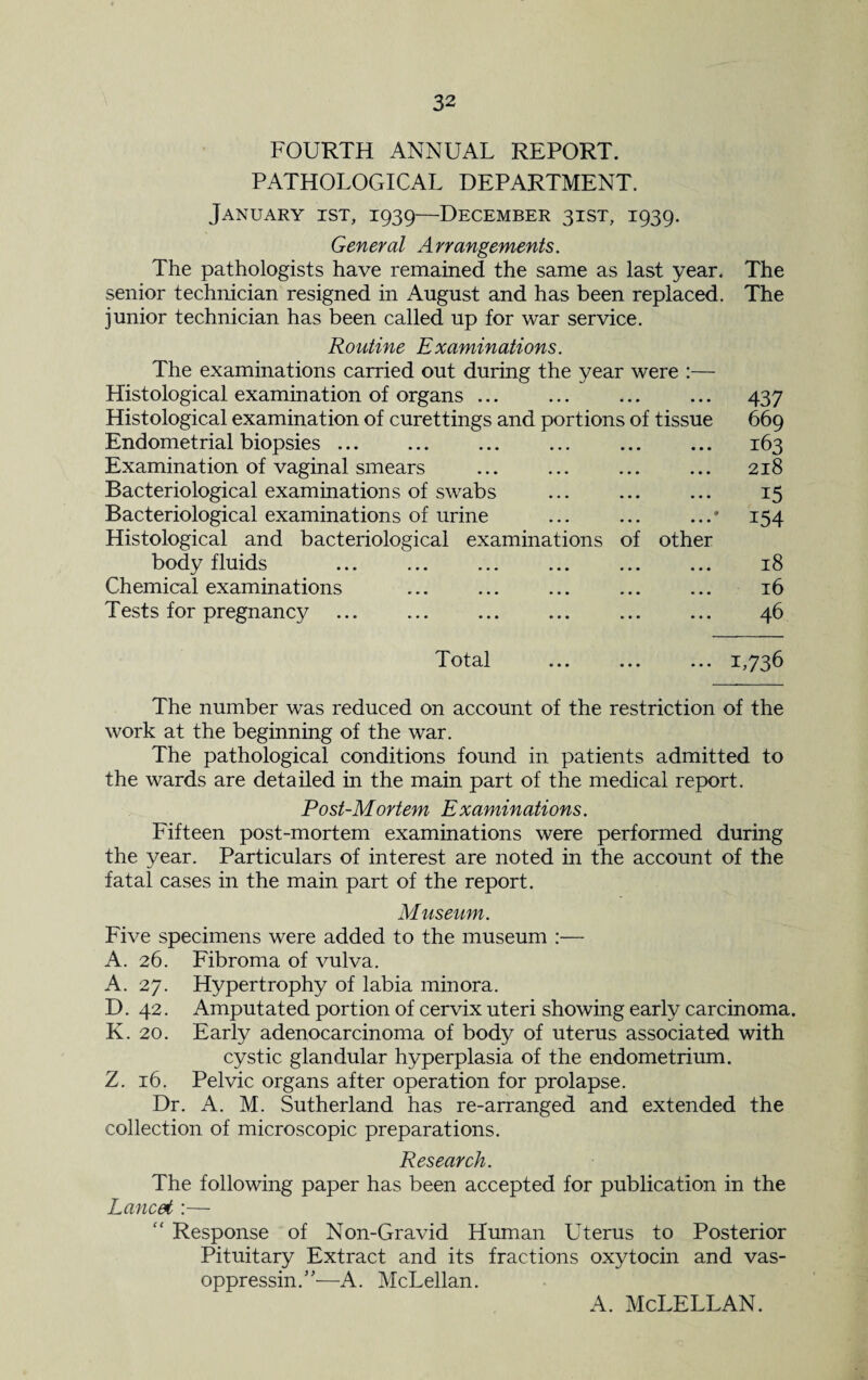 FOURTH ANNUAL REPORT. PATHOLOGICAL DEPARTMENT. January ist, 1939—December 31ST, 1939. General Arrangements. The pathologists have remained the same as last year. The senior technician resigned in August and has been replaced. The junior technician has been called up for war service. Routine Examinations. The examinations carried out during the year were :— Histological examination of organs. 437 Histological examination of curettings and portions of tissue 669 Endometrial biopsies. ... . 163 Examination of vaginal smears ... ... ... ... 218 Bacteriological examinations of swabs ... ... ... 15 Bacteriological examinations of urine ... ... ...• 154 Histological and bacteriological examinations of other body fluids ... ... ... ... ... ... 18 Chemical examinations ... ... ... ... ... 16 Tests for pregnancy ... ... . . 46 Total ... ... ... 1,736 The number was reduced on account of the restriction of the work at the beginning of the war. The pathological conditions found in patients admitted to the wards are detailed in the main part of the medical report. Post-Mortem Examinations. Fifteen post-mortem examinations were performed during the year. Particulars of interest are noted in the account of the fatal cases in the main part of the report. Museum. Five specimens were added to the museum :— A. 26. Fibroma of vulva. A. 27. Hypertrophy of labia minora. D. 42. Amputated portion of cervix uteri showing early carcinoma. K. 20. Early adenocarcinoma of body of uterus associated with cystic glandular hyperplasia of the endometrium. Z. 16. Pelvic organs after operation for prolapse. Dr. A. M. Sutherland has re-arranged and extended the collection of microscopic preparations. Research. The following paper has been accepted for publication in the Lancet :— ‘f Response of Non-Gravid Human Uterus to Posterior Pituitary Extract and its fractions oxytocin and vas- oppressin.”—A. McLellan. A. McLELLAN.