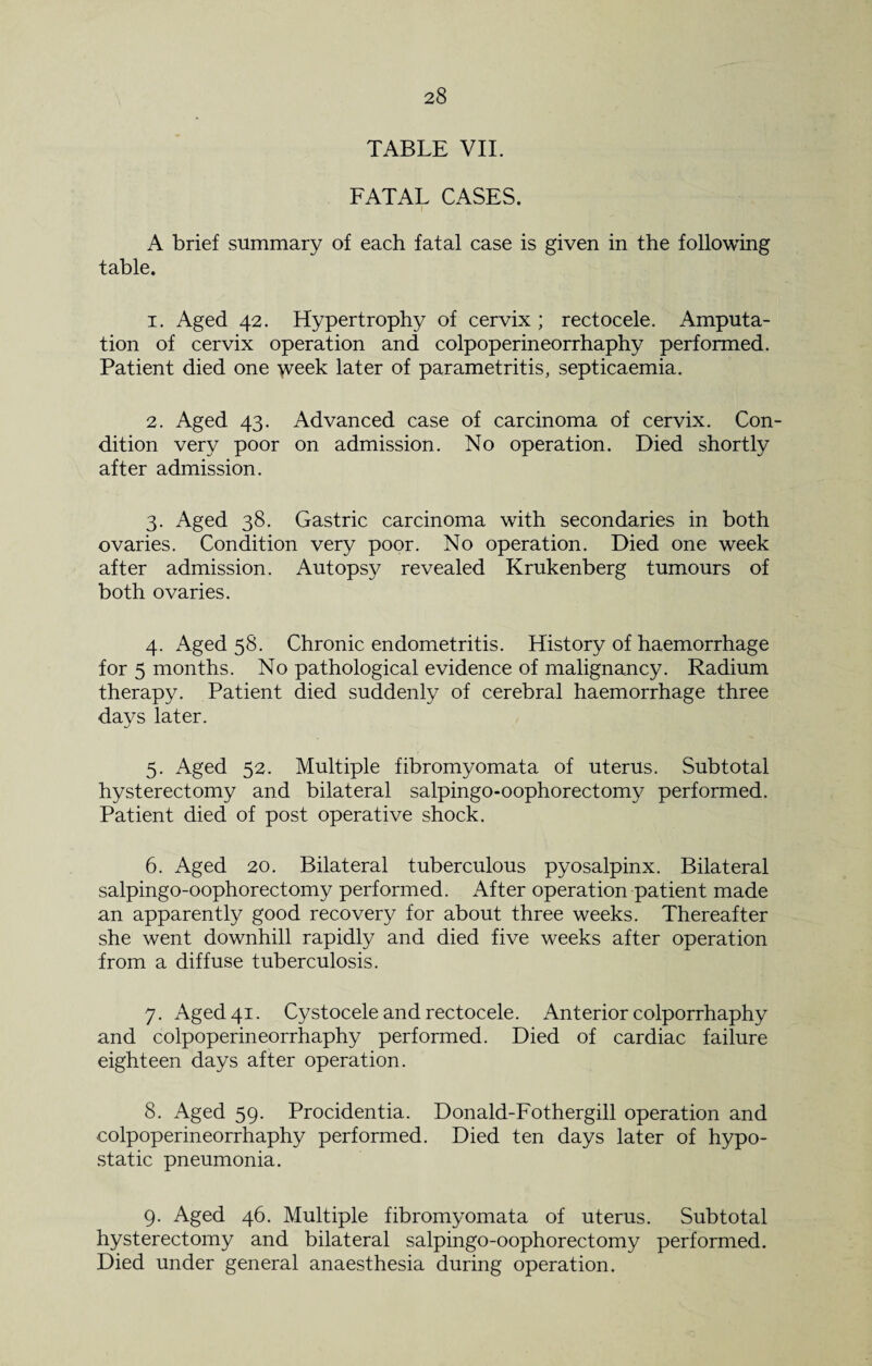 TABLE VII. FATAL CASES. A brief summary of each fatal case is given in the following table. 1. Aged 42. Hypertrophy of cervix ; rectocele. Amputa¬ tion of cervix operation and colpoperineorrhaphy performed. Patient died one >veek later of parametritis, septicaemia. 2. Aged 43. Advanced case of carcinoma of cervix. Con¬ dition very poor on admission. No operation. Died shortly after admission. 3. Aged 38. Gastric carcinoma with secondaries in both ovaries. Condition very poor. No operation. Died one week after admission. Autopsy revealed Krukenberg tumours of both ovaries. 4. Aged 58. Chronic endometritis. History of haemorrhage for 5 months. No pathological evidence of malignancy. Radium therapy. Patient died suddenly of cerebral haemorrhage three days later. 5. Aged 52. Multiple fibromyomata of uterus. Subtotal hysterectomy and bilateral salpingo-oophorectomy performed. Patient died of post operative shock. 6. Aged 20. Bilateral tuberculous pyosalpinx. Bilateral salpingo-oophorectomy performed. After operation patient made an apparently good recovery for about three weeks. Thereafter she went downhill rapidly and died five weeks after operation from a diffuse tuberculosis. 7. Aged 41. Cystocele and rectocele. Anterior colporrhaphy and colpoperineorrhaphy performed. Died of cardiac failure eighteen days after operation. 8. Aged 59. Procidentia. Donald-Fothergill operation and colpoperineorrhaphy performed. Died ten days later of hypo¬ static pneumonia. 9. Aged 46. Multiple fibromyomata of uterus. Subtotal hysterectomy and bilateral salpingo-oophorectomy performed. Died under general anaesthesia during operation.