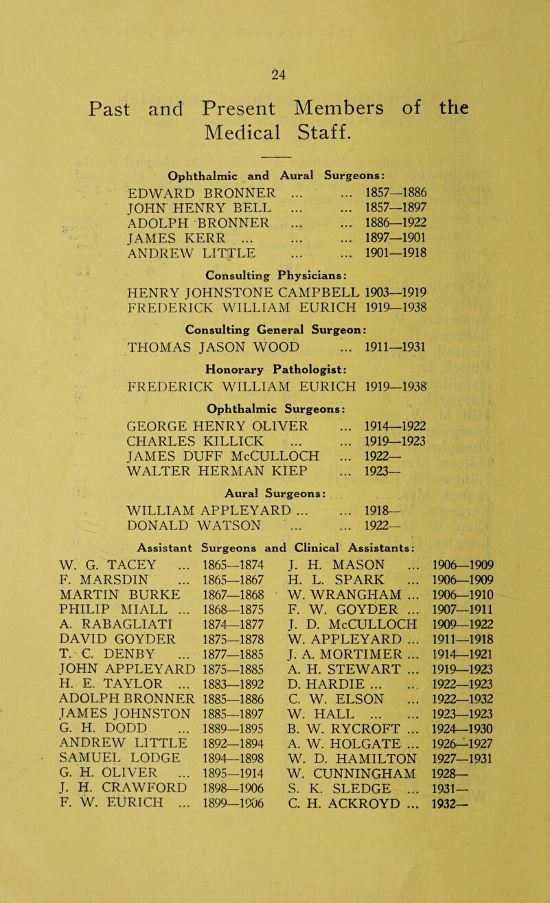 Past and Present Members of the Medical Staff. Ophthalmic and Aural Surgeons: EDWARD BRONNER JOHN HENRY BELL ADOLPH BRONNER JAMES KERR ... ANDREW LITTLE 1857—1886 1857—1897 1886—1922 1897—1901 1901—1918 Consulting Physicians: HENRY JOHNSTONE CAMPBELL 1903—1919 FREDERICK WILLIAM EURICH 1919—1938 Consulting General Surgeon: THOMAS JASON WOOD ... 1911—1931 Honorary Pathologist: FREDERICK WILLIAM EURICH 1919—1938 Ophthalmic Surgeons: GEORGE HENRY OLIVER CHARLES KILLICK . I AMES DUFF McCULLOCH .. WALTER HERMAN KIEP 1914—1922 1919—1923 1922— 1923- Aura! Surgeons: WILLIAM APPLEYARD. 1918— DONALD WATSON '. 1922- Assistant Surgeons and Clinical Assistants W. G. TACEY ... 1865—1874 F. MARSDIN ... 1865—1867 MARTIN BURKE 1867—1868 PHILIP MI ALL ... 1868—1875 A. RABAGLIATI 1874—1877 DAVID GOYDER 1875—1878 T. C. DENBY ... 1877—1885 JOHN APPLEYARD 1875—1885 H. E. TAYLOR ... 1883—1892 ADOLPH BRONNER 1885—1886 JAMES JOHNSTON 1885—1897 G. H. DODD ... 1889—1895 ANDREW LITTLE 1892—1894 SAMUEL LODGE 1894—1898 G. H. OLIVER ... 1895—1914 J. H. CRAWFORD 1898—1906 F. W. EURICH ... 1899—1906 J. H. MASON H. L. SPARK ... W. WRANGPIAM ... F. W. GOYDER ... J. D. McCULLOCH W. APPLEYARD ... J. A. MORTIMER ... A. H. STEWART ... D. HARDIE. C. W. ELSON W. HALL . B. W. RYCROFT ... A. W. HOLGATE ... W. D. HAMILTON W. CUNNINGHAM S. K. SLEDGE ... C. H. ACKROYD ... ) 1906—1909 1906—1909 1906— 1910 1907— 1911 1909—1922 1911—1918 1914—1921 1919—1923 1922—1923 1922— 1932 1923— 1923 1924— 1930 1926— 1927 1927— 1931 1928— 1931 — 1932—