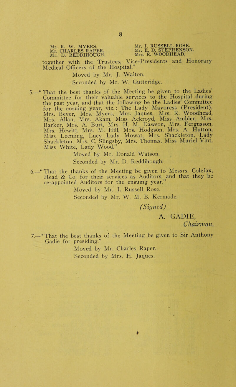 Mr. R. W. MYERS. Mr. CHARLES RAPER. Mr. D. REDDIHOUGH. Mr. J. RUSSELL ROSE. Mr. E. D. STEPHENSON. Mrs. R. WOODHEAD. together with the Trustees, Vice-Presidents and Honorary Medical Officers of the Hospital.” Moved by Mr. J. Walton. Seconded by Mr. W. Gutteridge. 5.—“ That the best thanks of the Meeting be given to the Ladies’ Committee for their valuable services to the Hospital during the past year, and that the following be the Ladies’ Committee for the ensuing year, viz.: The Lady Mayoress (President), Mrs. Bever, Mrs. Myers, Mrs. Jaques, Mrs. R. Woodhead, Mrs. Allan, Mrs. Akam, Miss Ackroyd, Miss Ambler, Mrs. Barker, Mrs. A. Burt, Mrs. H. M. Dawson, Mrs. Fergusson, Mrs. Hewitt, Mrs. M. Hill, Mrs. Hodgson, Mrs. A. Hutton, Miss Leeming, Lucy Lady Mowat, Mrs. Shackleton, Lady Shackleton, Mrs. C. Slingsby, Mrs. Thomas, Miss Muriel Vint, Miss White, Lady Wood.” Moved by Mr. Donald Watson. Seconded by Mr. D. Reddihough. 6.—“ That the thanks of the Meeting be given to Messrs. Colefax, Head & Co. for their services as Auditors, ^ and that they be re-appointed Auditors for the ensuing year.” Moved by Mr. J. Russell Rose. Seconded by Mr. W. M. B. Kcrmode. ( Signed) A. GAD IE, Chairman. 7.—“ That the best thanks of the Meeting be given to Sir Anthony Gadie for presiding.” Moved by Mr. Charles Rapcr. Seconded by Mrs. H. Jaques. *