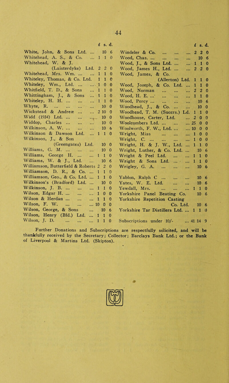 £ s. d. £ s. d. White, John, & Sons Ltd. ... 10 6 Windeler & Co.2 2 0 Whitehead, A. S., & Co. 1 1 0 Wood, Chas. 10 6 Whitehead, W. & J. Wood, J., & Sons Ltd. 1 1 0 (Laisterdyke) Ltd. 2 2 0 Wood, James H., Ltd. 2 2 0 Whitehead, Mrs. Wm. 1 1 0 Wood, James, & Co. Whiteley, Thomas, & Co. Ltd. 1 1 0 (Allerton) Ltd. 1 1 0 Whiteley, Wm., Ltd. 1 0 0 Wood, Joseph, & Co. Ltd. ... 1 1 0 Whitfield, T. D., & Sons 1 1 0 Wood, Norman .2 2 0 Whittingham, J., & Sons 1 1 0 Wood, H. E. ...' .1 1 0 Whiteley, H. H. 1 1 0 Wood, Percy. 10 6 Whyte, R. 10 0 Woodhead, J., & Co. 10 0 Wickstead & Andreas . 2 10 0 Woodh^ad, T. M. (Succrs.) Ld. 1 1 0 Widd (1934) Ltd. 10 0 Woodhouse, Carter, Ltd. ... 2 0 0 Widdop, Charles . 10 0 Woolcpmbers Ltd.25 0 0 Wilkinson, A. W. 10 6 Woolworth, F. W., Ltd.10 0 0 Wilkinson & Dawson Ltd. 1 1 0 Wright, Miss . 1 0 0 Wilkinson, J., & Son Wright, C.1 0 0 (Greengates) Ltd. 10 0 Wright, H. & J. W., Ltd. ... 1 1 0 Williams, G. M. 10 0 Wright, Luther, & Co. Ltd. ... 10 6 Williams, George H. 1 1 0 Wright & Peel Ltd.1 1 0 Williams, W. & J., Ltd. 10 6 Wright & Sons Ltd. ... ■ ... 1 1 0 Williamson, Butterfield & Roberts 2 2 0 Wrigley, G. A. 10 6 Williamson, D. R., & Co. ... 1 1 0 Williamson, Geo., & Co. Ltd. ... 1 1 0 Yablon, Ralph C . 10 6 Wilkinson’s (Bradford) Ltd. ... 10 0 Yates, W. E. Ltd. 10 6 Wilkinson, J. B. 1 1 0 Yewdall, Mrs. . 1 1 0 Wilson, Edgar H. 1 0 0 Yorkshire Panel Beating Co. 10 6 Wilson & Herdan. 1 1 0 Yorkshire Repetition Casting Wilson, F. W. 10 0 0 Co. Ltd. 10 6 Wilson, George, & Sons 10 6 Yorkshire Tar Distillers Ltd. ... 1 1 0 Wilson, Henry (Bfd.) Ltd. ... 1 1 0 Wilson, J. D. . 1 1 0 Subscriptions under 10/- ... 41 14 9 Further Donations and Subscriptions are respectfully solicited, and will be thankfully received by the Secretary; Collector; Barclays Bank Ltd.; or the Bank of Liverpool & Martins Ltd. (Skipton).