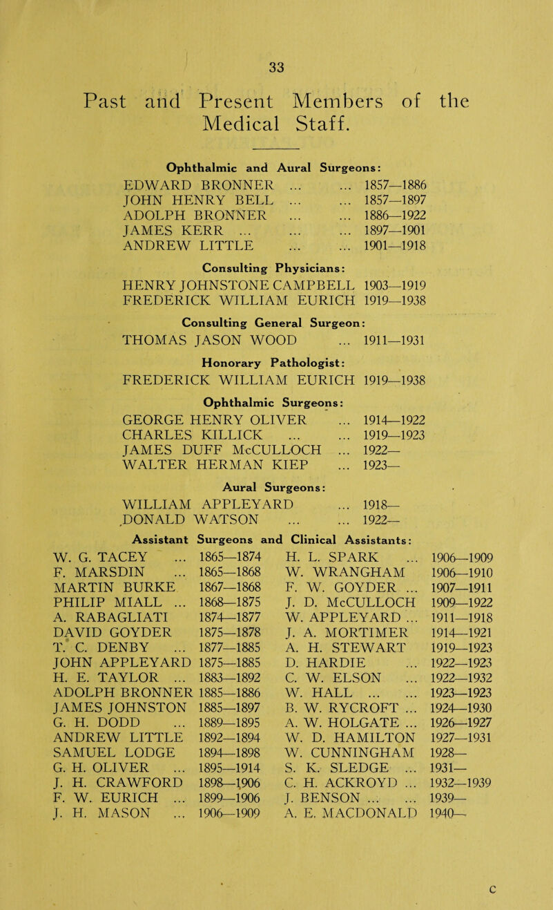 Past and Present Members of the Medical Staff. Ophthalmic and Aural Surgeons: EDWARD BRONNER IOHN HENRY BELL ADOLPH BRONNER JAMES KERR ... ANDREW LITTLE 1857—1886 1857—1897 1886—1922 1897—1901 1901—1918 Consulting Physicians: HENRY JOHNSTONE CAMPBELL 1903—1919 FREDERICK WILLIAM EURICH 1919—1938 Consulting General Surgeon: THOMAS JASON WOOD ... 1911—1931 Honorary Pathologist: FREDERICK WILLIAM EURICH 1919—1938 Ophthalmic Surgeons: GEORGE HENRY OLIVER ... 1914—1922 CHARLES KILLICK .1919—1923 JAMES DUFF McCULLOCH ... 1922— WALTER HERMAN KIEP ... 1923— Aural Surgeons: WILLIAM APPLEYARD ... 1918— DONALD WATSON . 1922- Assistant Surgeons and Clinical Assistants: W. G. TACEY ... 1865—1874 F. MARSDIN ... 1865—1868 MARTIN BURKE 1867—1868 PHILIP MI ALL ... 1868—1875 A. RABAGLIATI 1874—1877 DAVID GOYDER 1875—1878 T. C. DENBY ... 1877—1885 JOHN APPLEYARD 1875—1885 H. E. TAYLOR ... 1883—1892 ADOLPH BRONNER 1885—1886 JAMES JOHNSTON 1885—1897 G. H. DODD ... 1889—1895 ANDREW LITTLE 1892—1894 SAMUEL LODGE 1894—1898 G. H. OLIVER ... 1895—1914 J. H. CRAWFORD 1898—1906 F. W. EURICH ... 1899—1906 J. H, MASON ... 1906—1909 H. L. SPARK ... 1906—1909 W. WRANGHAM 1906—1910 F. W. GOYDER ... 1907—1911 J. D. McCULLOCH 1909—1922 W. APPLEYARD ... 1911—1918 J. A. MORTIMER 1914—1921 A. H. STEWART 1919—1923 D. HARDIE ... 1922—1923 C. W. ELSON ... 1922—1932 W. HALL . 1923—1923 B. W. RYCROFT ... 1924-1930 A. W. HOLGATE ... 1926—1927 W. D. HAMILTON 1927—1931 W. CUNNINGHAM 1928— S. K. SLEDGE ... 1931— C. H. ACKROYD ... 1932—1939 J. BENSON. 1939— A. E. MACDONALD 1940— c