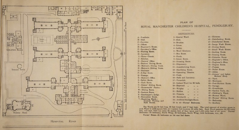 nqg Isolation Bloc Patients’ Entrance Summer House Kitchen Entrance - Ten NIS Cou R.T 371 38 39J +Z. 1+3 ++j H Uu v* m • e o -i i < 0 cn 11,. Hospital Road PLAN OF ROYAL MANCHESTER CHILDREN’S HOSPITAL, PENDLEBURY. A—Vestibule. B—Hall. C—Corridor. D—Offices. E—Engineer's House. F—Secretary’s Office. G—Waiting Room. H—Lavatory. I—Water Closets. J—Kitchen. K—Doctors’ Office. L—Doctors’ Dining Room. M—Matron’s Dining Room. N—Matron’s Sitting Room. O—Staircase. P—X-Ray Room. Q—Passage. R—Matron’s Office. S—Splint Room. T—Dark Room. U—Sisters’ Sitting Room. V—Housemaids’ Pantry. W—Dining Room. X—Lecture Room. Y—Gatekeeper’s Lodge. Z—Recreation Room. *—Receiving Block— Doctors’ Waiting and Bath Rooms. REFERENCES. 1— Special Ward. 2— Sink. 3— Brushes. 4— Linen. 5— Lobby. 6— Ward Kitchens. 7— Box Room. 8— Porch. 9— Linen Room. 10— Dressing Room. 11— Dispensary. 12— Anaesthetising Room. 13— Sterilising Room. 14— Operating Theatre. 15— Coals. 16— Bath and Lavatory. 17— Verandah. 18— LiebertWard for 30 beds. 19— Hey wood ,, ,, ,, 20— Wrigley „ „ „ 21— Holden ,, ,, ,, 22— Victoria ,, ,, ,, 23— Borchardt ,, ,, ,, 24— Artificial Sunlight Room. 25 to 44—Nurses’ Bedrooms. 45— Chimney. 46— Disinfecting Room. 47— Disinfected Room. 48— Large Wash House. 49— Drying Room. 50— Small Wash House. 51— Sorting Room. 52— Ironing Room. 53— Calender Room. 54— Engineer’s Office. 55— Engineer’s Shop 56— Engine Room. 57— Pumps. 58— Boiler House. 59— Ashes. 60— Joiners’ and Splint Makers’ Shop. 61— Yard. 62— Mortuary. 63— Post-Mortem Room. 64— Garage. 65— Greenhouse. 66— Garden Tools, &c. 67— Children’s Ward. 68— Nurses’ Ward. 69— Nurses’ Sitting Room. 70— Bedrooms. 71— Scullery. The Wards are 99 feet long, 26 feet broad, and 17 feet high. The total amount of window space in each Ward is 1,213 square feet, or 1 square foot to every 36 cubic feet. Each Ward contains 43,750 cubic feet, and each child has some 86 square feet of floor space and 1,450 cubic feet of air space. Nurses’ bedrooms 20 bedrooms, North Wing; 20 bedrooms, South Wing; with bathroom, w.c., &c Nurses’ Home—29 bedrooms on 1st and 2nd floors