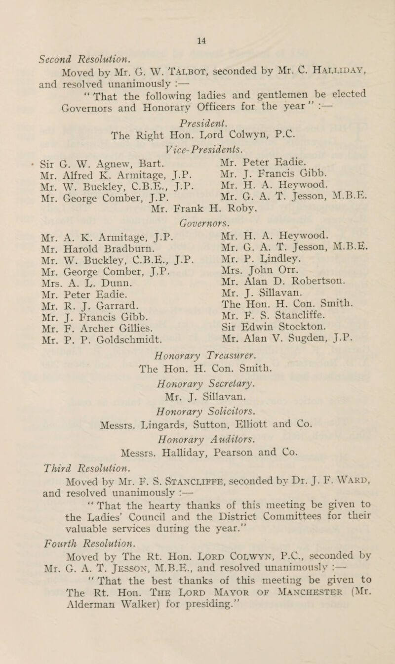 Second Resolution. Moved by Mr. G. W. Talbot, seconded by Mr. C. Halliday, and resolved unanimously :— “That the following ladies and gentlemen be elected Governors and Honorary Officers for the year” :— President. The Right Hon. Lord Colwyn, P.C. Vice- Presidents. • Sir G. W. Agnew, Bart. Mr. Alfred K. Armitage, J.P. Mr. W. Buckley, C.B.E., J.P. Mr. George Comber, J.P. Mr. I'rank Mr. Peter Eadie. Mr. J. Francis Gibb. Mr. H. A. Heywood. Mr. G. A. T. jesson, M.B.E. H. Roby. Governors. Mr. A. K. Armitage, J.P. Mr. Harold Bradburn. Mr. W. Buckley, C.B.E., J.P. Mr. George Comber, J.P. Mrs. A. L. Dunn. Mr. Peter Eadie. Mr. R. J. Garrard. Mr. J. Francis Gibb. Mr. F. Archer Gillies. Mr. P. P. Goldschmidt. Mr. H. A. Heywood. Mr. G. A. T. jesson, M.B.E. Mr. P. Lindley. Mrs. John Orr. Mr. Alan D. Robertson. Mr. J. Sillavan. The Hon. H. Con. Smith. Mr. F. S. Stancliffe. Sir Edwin Stockton. Mr. Alan V. Sugden, J.P. Honorary Treasurer. The Hon. H. Con. Smith. Honorary Secretary. Mr. J. Sillavan. Honorary Solicitors. Messrs. Lingards, Sutton, Elliott and Co. Honorary Auditors. Messrs. Halliday, Pearson and Co. Third Resolution. Moved by Mr. F. S. Stancliffe, seconded by Dr. J. F. Ward, and resolved unanimously :— “ That the hearty thanks of this meeting be given to the Ladies’ Council and the District Committees for their valuable services during the year.” Fourth Resolution. Moved by The Rt. Hon. Lord Colwyn, P.C., seconded by Mr. G. A. T. Jesson, M.B.E., and resolved unanimously :— “ That the best thanks of this meeting be given to The Rt. Hon. The Lord Mayor of Manchester (Mr. Alderman Walker) for presiding.”