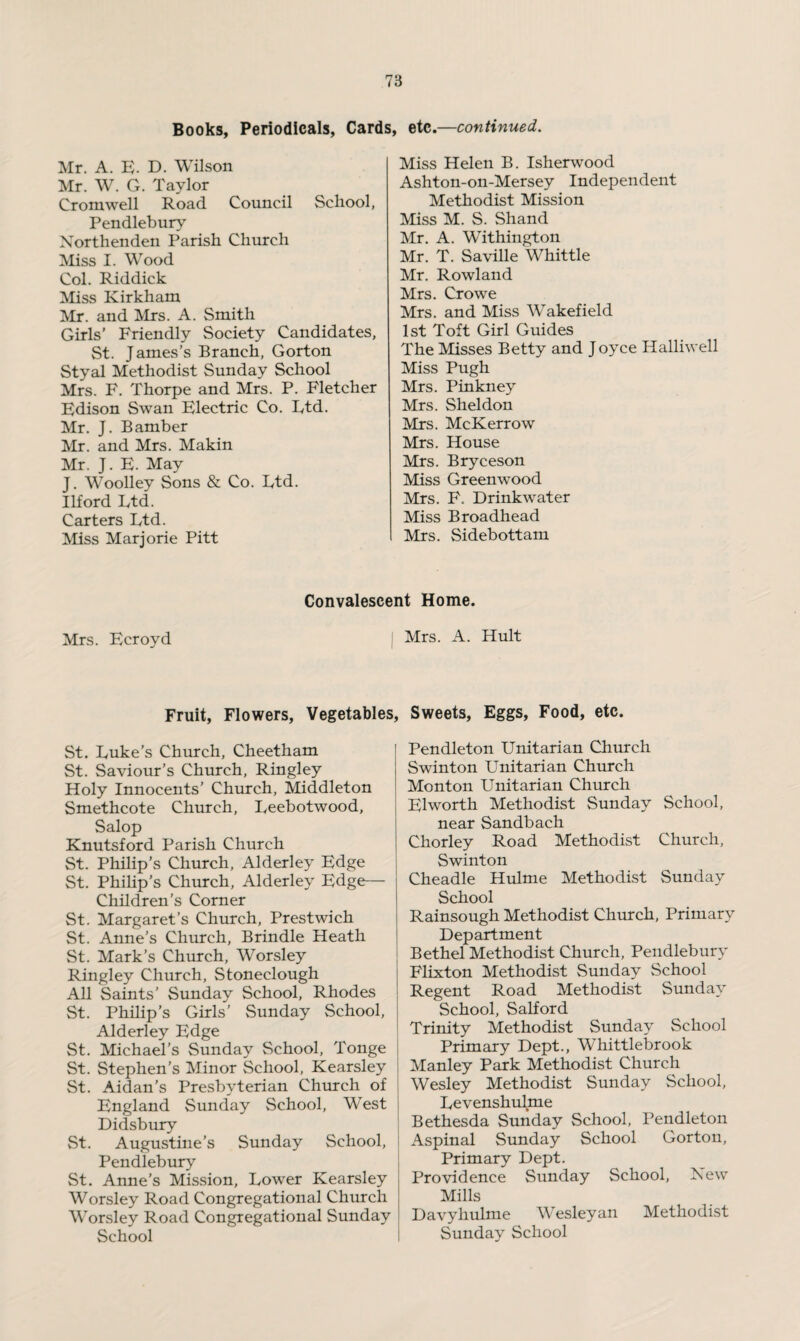 Books, Periodicals, Cards, etc.—continued. Mr. A. E. D. Wilson Mr. W. G. Taylor Cromwell Road Council School, Pendlebury Xorthenden Parish Church Miss I. Wood Col. Riddick Miss Kirkham Mr. and Mrs. A. Smith Girls' Friendly Society Candidates, St. James’s Branch, Gorton Styal Methodist Sunday School Mrs. F. Thorpe and Mrs. P. Fletcher Edison Swan Electric Co. Ltd. Mr. J. Bamber Mr. and Mrs. Makin Mr. J. E. May J. Woolley Sons & Co. Ltd. Ilford Ltd. Carters Ltd. Miss Marjorie Pitt Miss Helen B. Isherwood Ashton-on-Mersey Independent Methodist Mission Miss M. S. Shand Mr. A. Withington Mr. T. Saville Whittle Mr. Rowland Mrs. Crowe Mrs. and Miss Wakefield 1st Toft Girl Guides The Misses Betty and J oyce Halliwell Miss Pugh Mrs. Pinkney Mrs. Sheldon Mrs. McKerrow Mrs. House Mrs. Bryceson Miss Greenwood Mrs. F. Drinkwater Miss Broadhead Mrs. Sidebottam Mrs. Ecroyd Convalescent Home. Mrs. A. Hult Fruit, Flowers, Vegetables, Sweets, Eggs, Food, etc. St. Luke’s Church, Cheetham St. Saviour’s Church, Ringley Holy Innocents’ Church, Middleton Smethcote Church, Leebotwood, Salop Knutsford Parish Church St. Philip’s Church, Alderley Edge St. Philip’s Church, Alderley Edge— Children’s Corner St. Margaret’s Church, Prestwich St. Anne’s Church, Brindle Heath St. Mark’s Church, Worsley Ringley Church, Stoneclough All Saints’ Sunday School, Rhodes St. Philip’s Girls’ Sunday School, Alderley Edge St. Michael’s Sunday School, Tonge St. Stephen’s Minor School, Kearsley St. Aidan’s Presbyterian Church of England Sunday School, West Didsbury St. Augustine’s Sunday School, Pendlebury St. Anne’s Mission, Lower Kearsley Worsley Road Congregational Church Worsley Road Congregational Sunday School Pendleton Unitarian Church Swinton Unitarian Church Monton Unitarian Church El worth Methodist Sunday School, near Sandbach Chorley Road Methodist Church, Swinton Cheadle Hulme Methodist Sunday School Rainsough Methodist Church, Primary Department Bethel Methodist Church, Pendlebury Flixton Methodist Sunday School Regent Road Methodist Sunday School, Salford Trinity Methodist Sunday School Primary Dept., Whittlebrook Manley Park Methodist Church Wesley Methodist Sunday School, Levenshulme Bethesda Sunday School, Pendleton Aspinal Sunday School Gorton, Primary Dept. Providence Sunday School, New Mills Davyhulme Wesleyan Methodist Sunday School